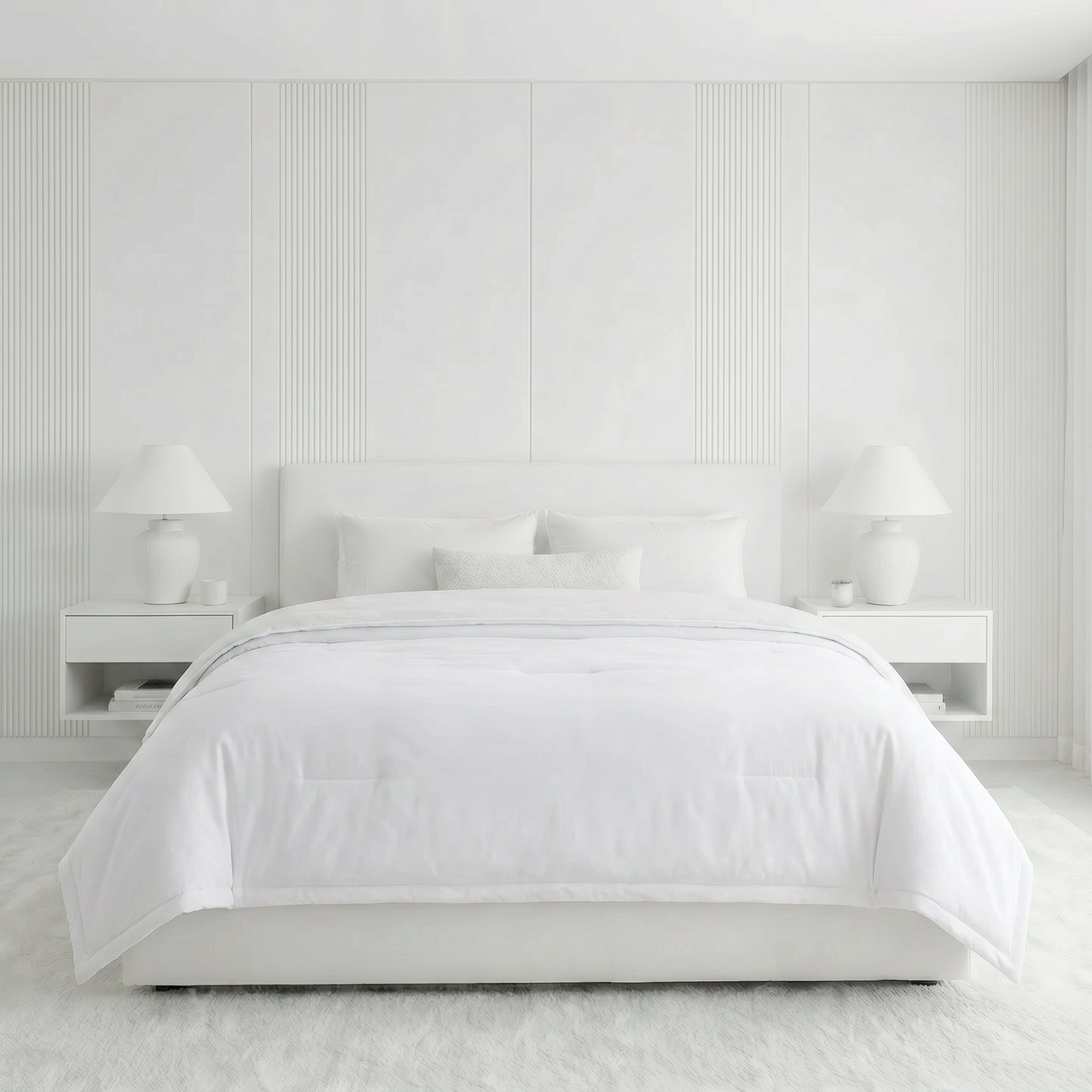 Minimalist bedroom with a white bed and matching decor.