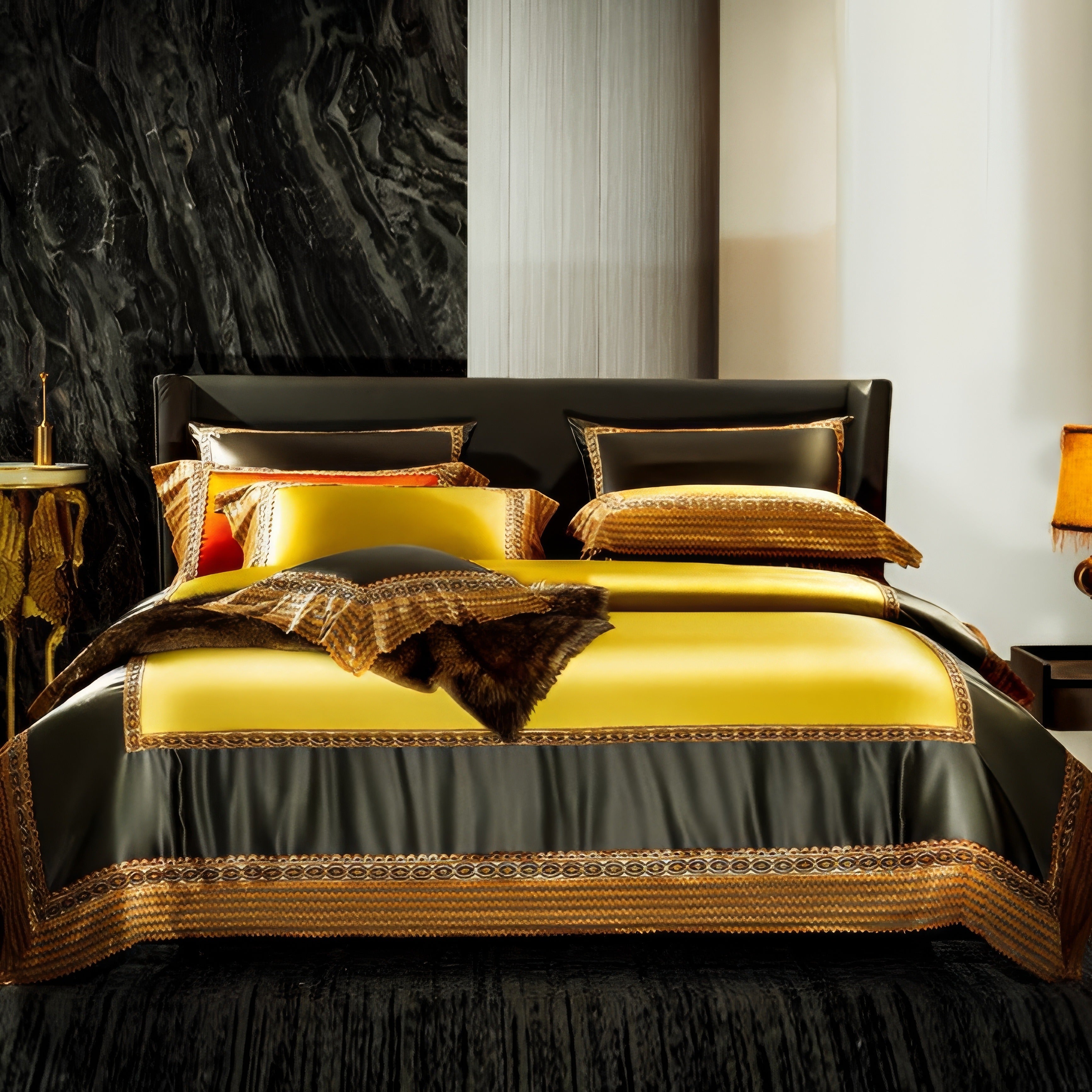 A bedroom featuring luxurious bedding with a yellow satin top, accented by deep green satin borders. The bedding is framed with intricate gold and brown geometric patterns, complemented by matching pillowcases. A black leather bed frame contrasts with the vibrant tones of the bedspread, while an orange lamp adds a warm touch to the modern decor.