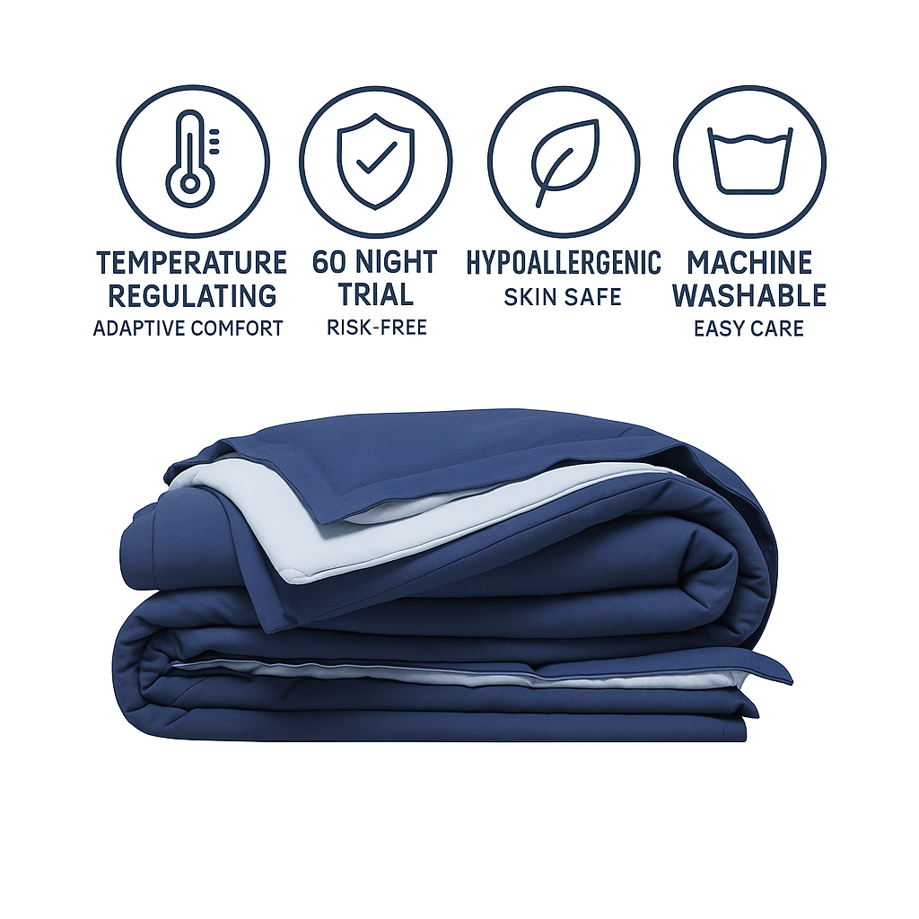 Folded blue blanket with product features on a white background