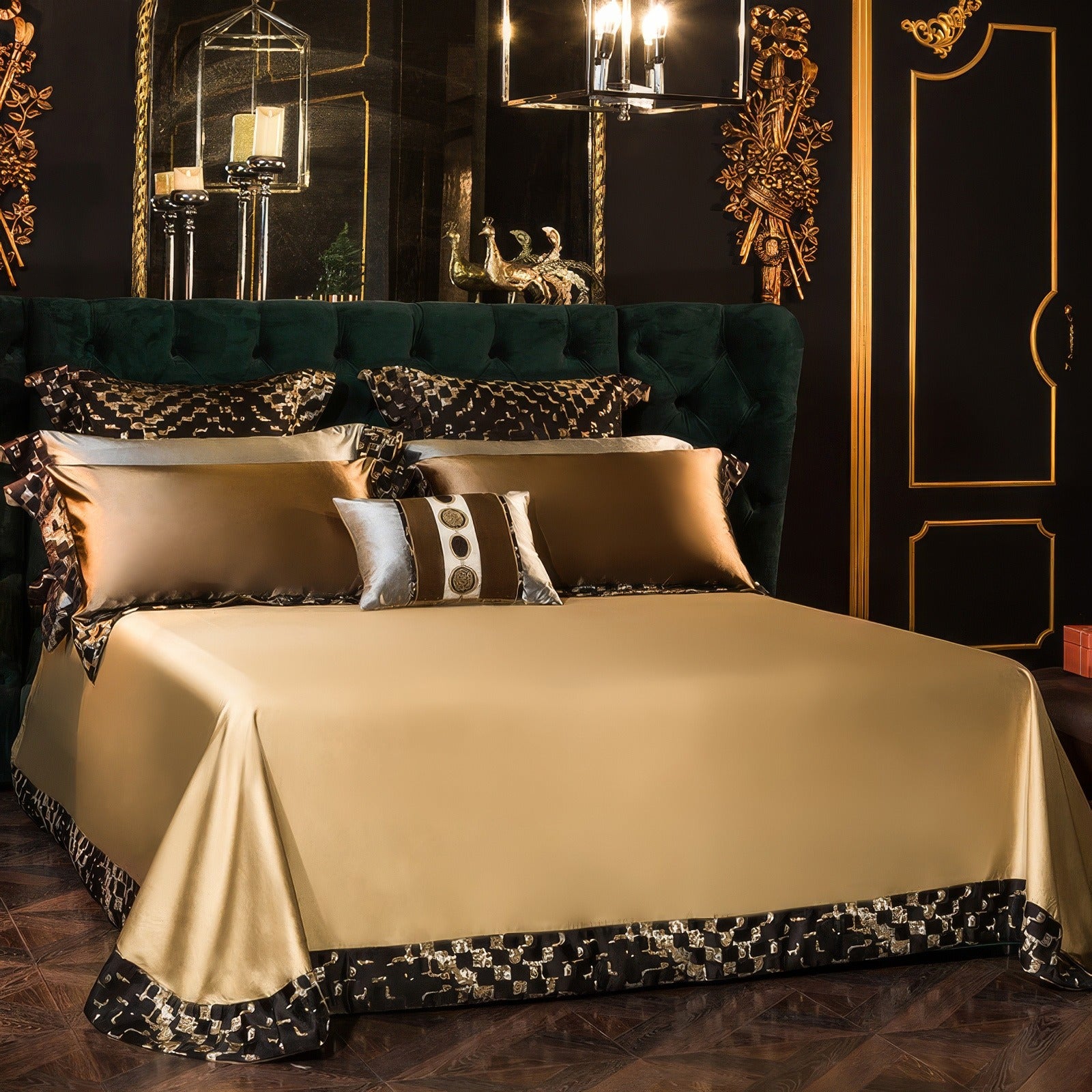 Luxurious gold-toned Egyptian cotton bedding set with a smooth, subtle sheen, bordered with black geometric accents. The set includes matching pillowcases and decorative cushions featuring intricate black and gold patterns, resting against a dark green velvet headboard in an opulent bedroom setting.