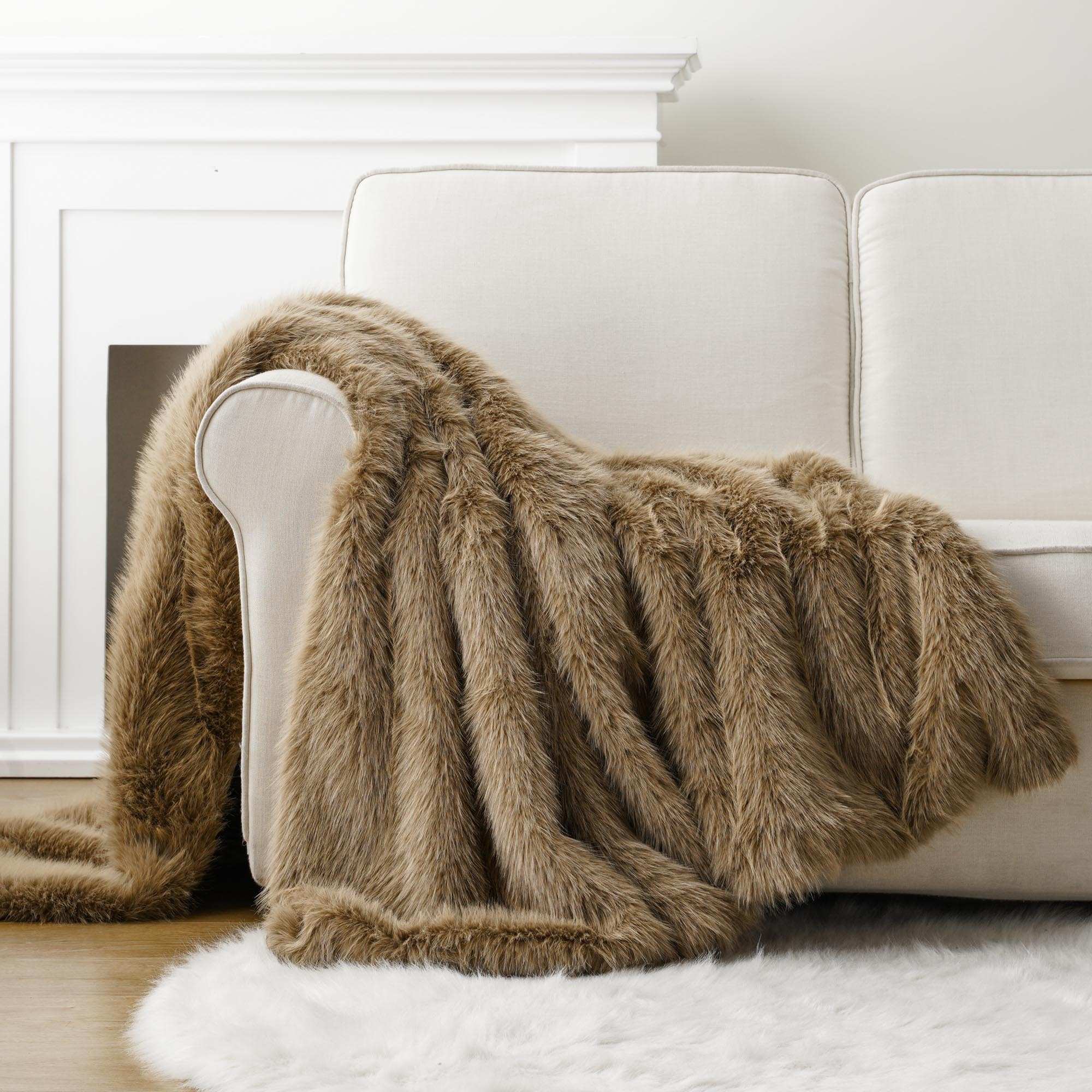 Khaki Faux-Fur Throw Blanket