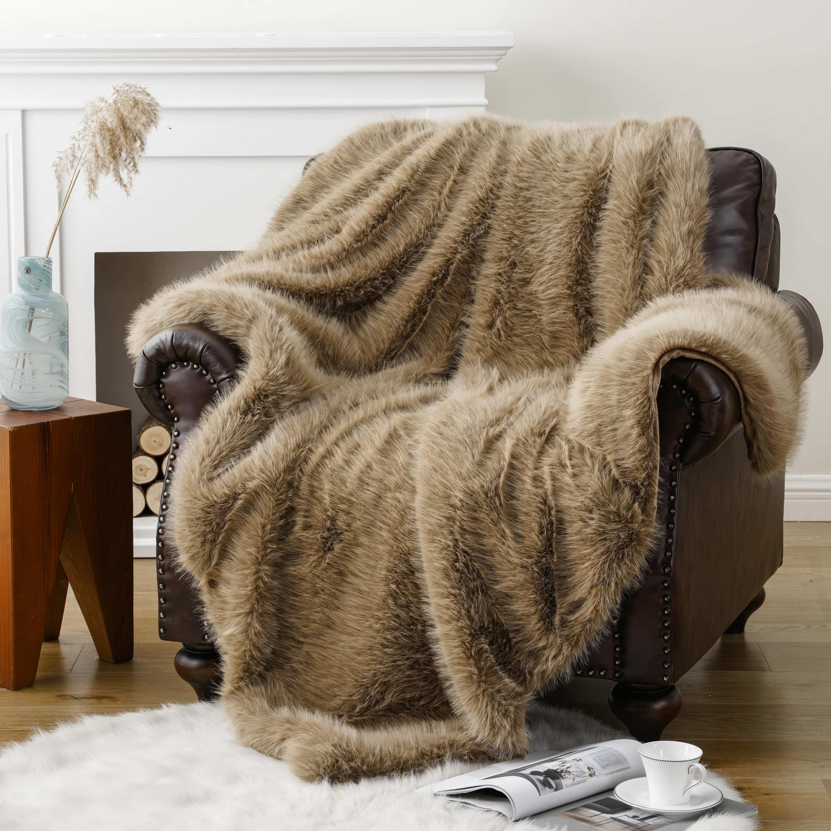 Khaki Faux-Fur Throw Blanket