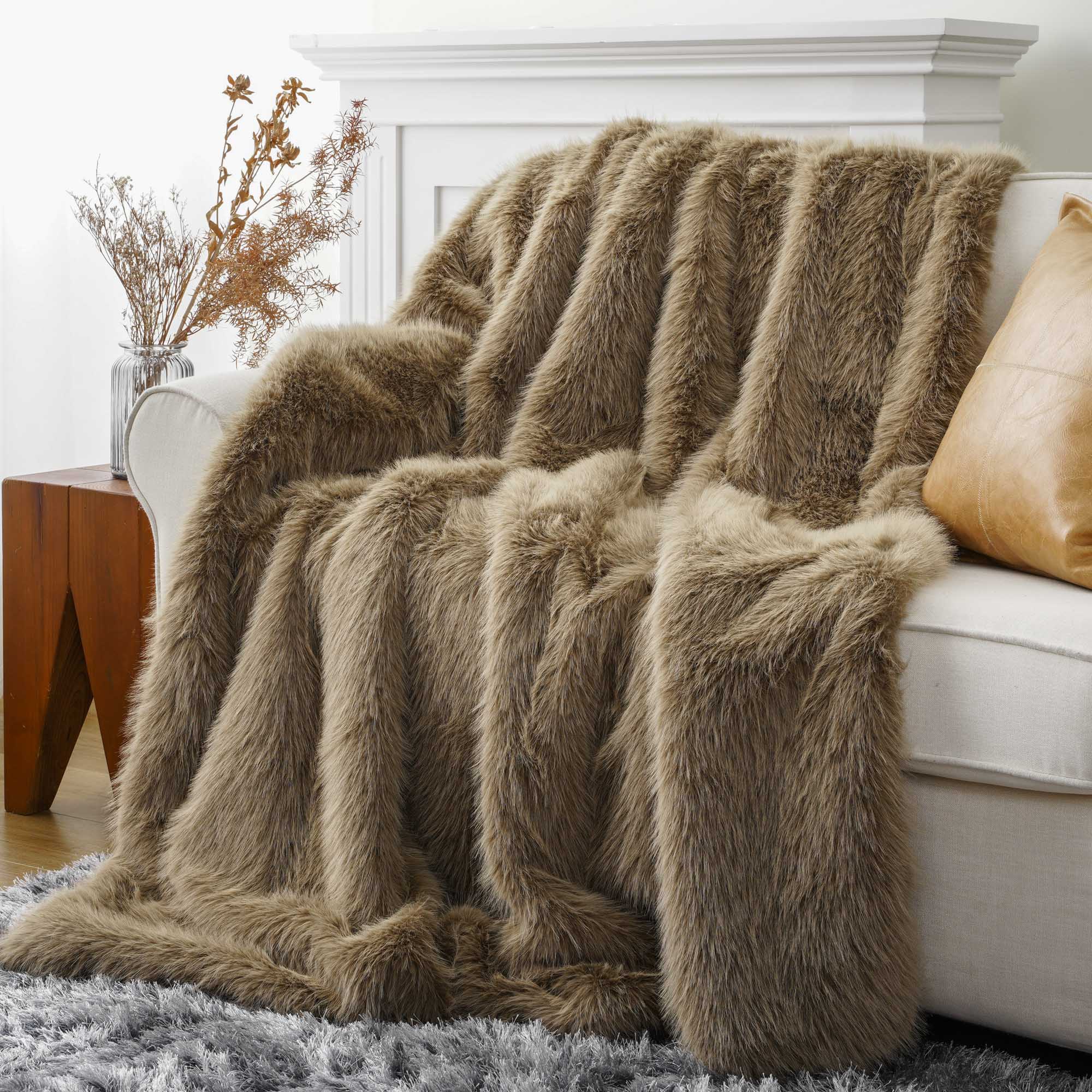 Khaki Faux-Fur Throw Blanket