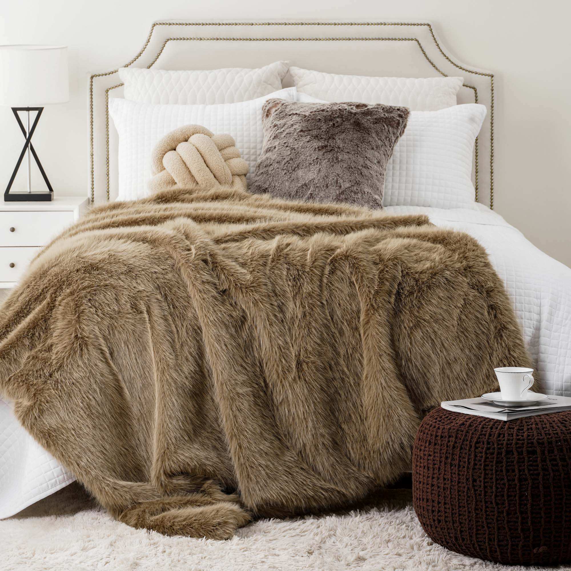 Khaki Faux-Fur Throw Blanket