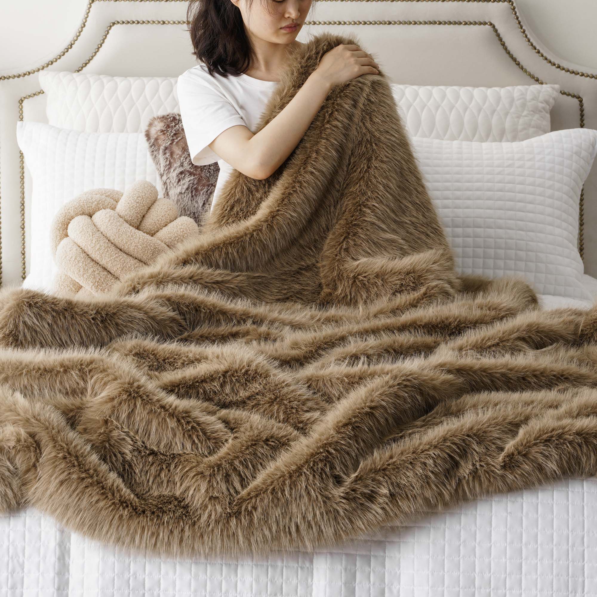 Khaki Faux-Fur Throw Blanket