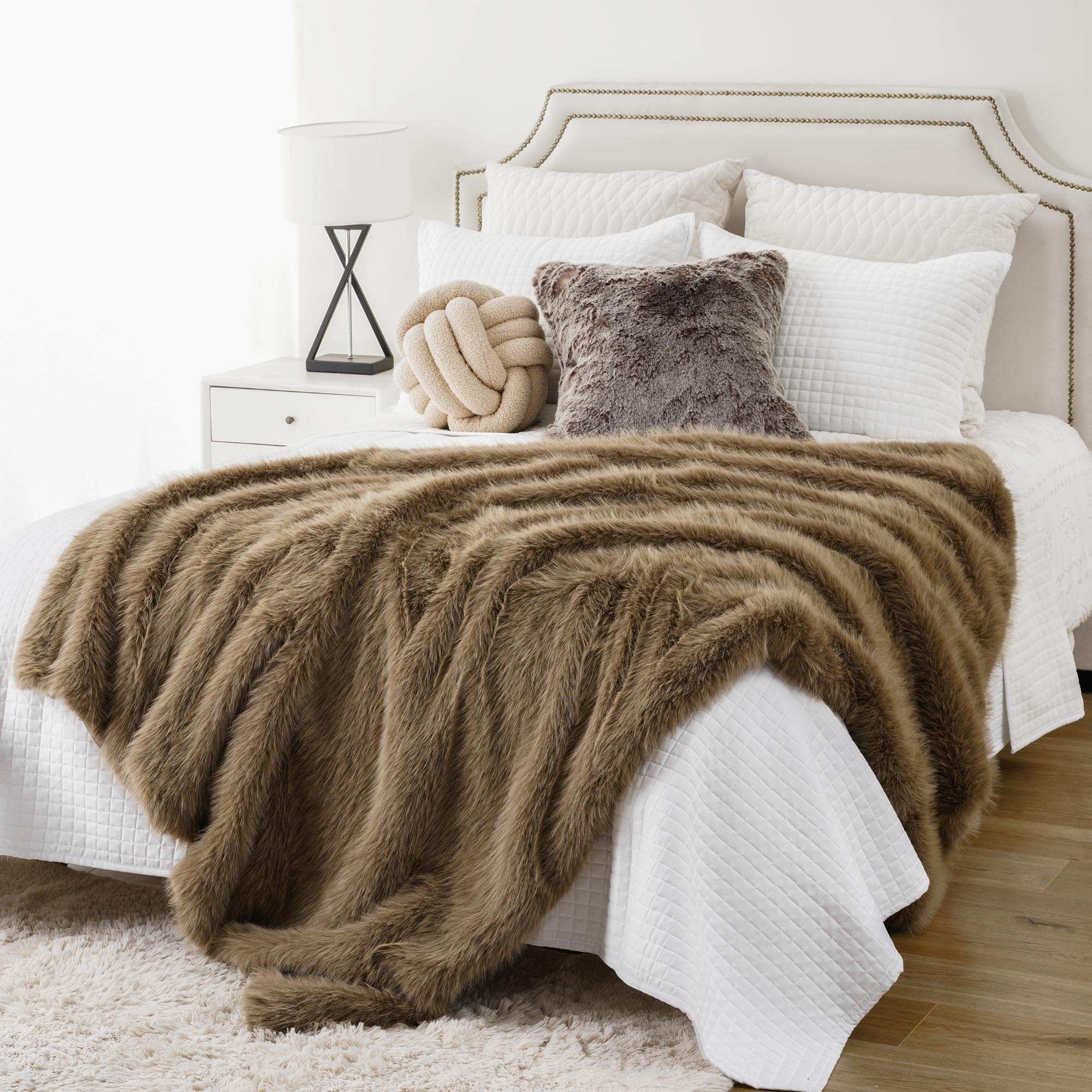 Khaki Faux-Fur Throw Blanket