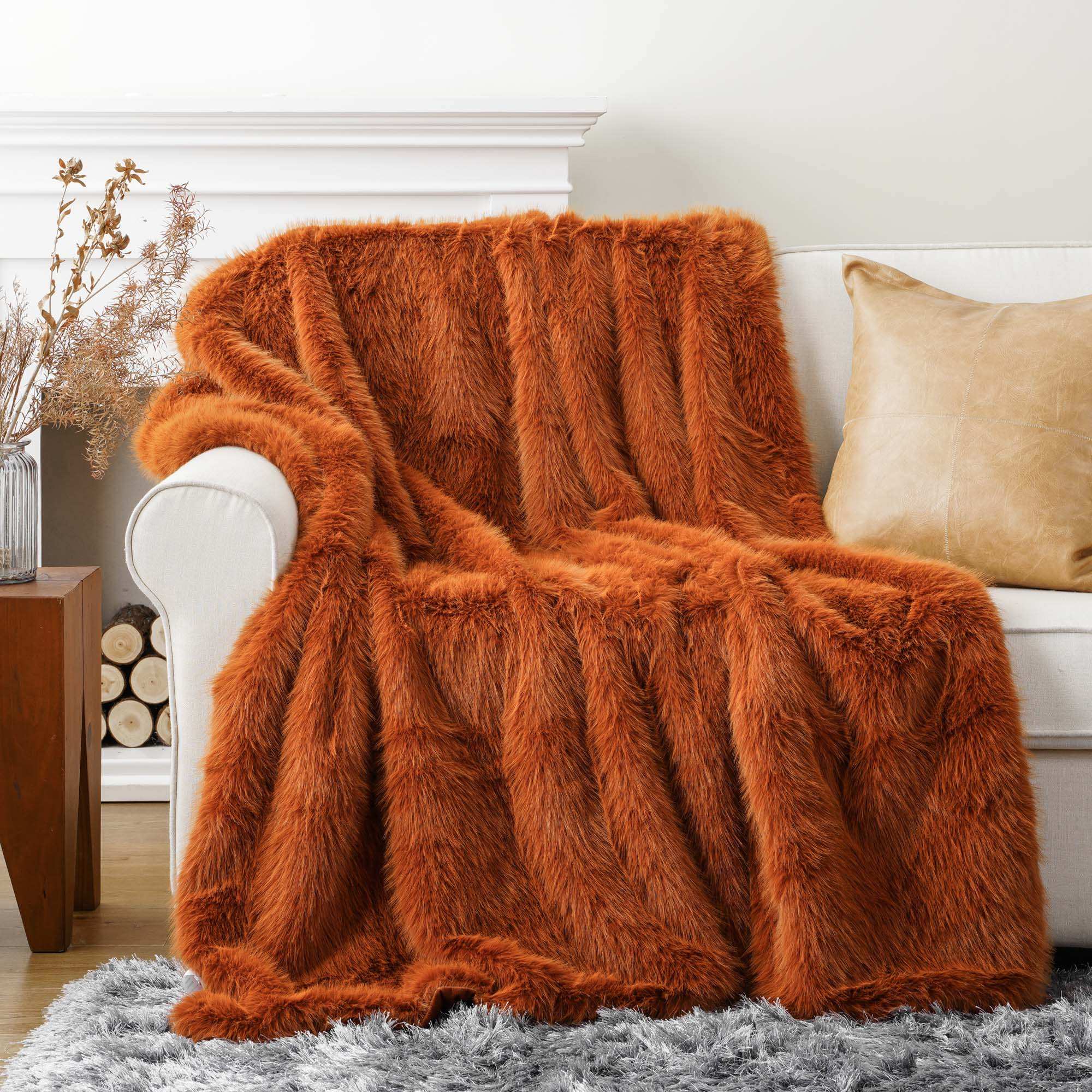 Orange Faux-Fur Throw Blanket