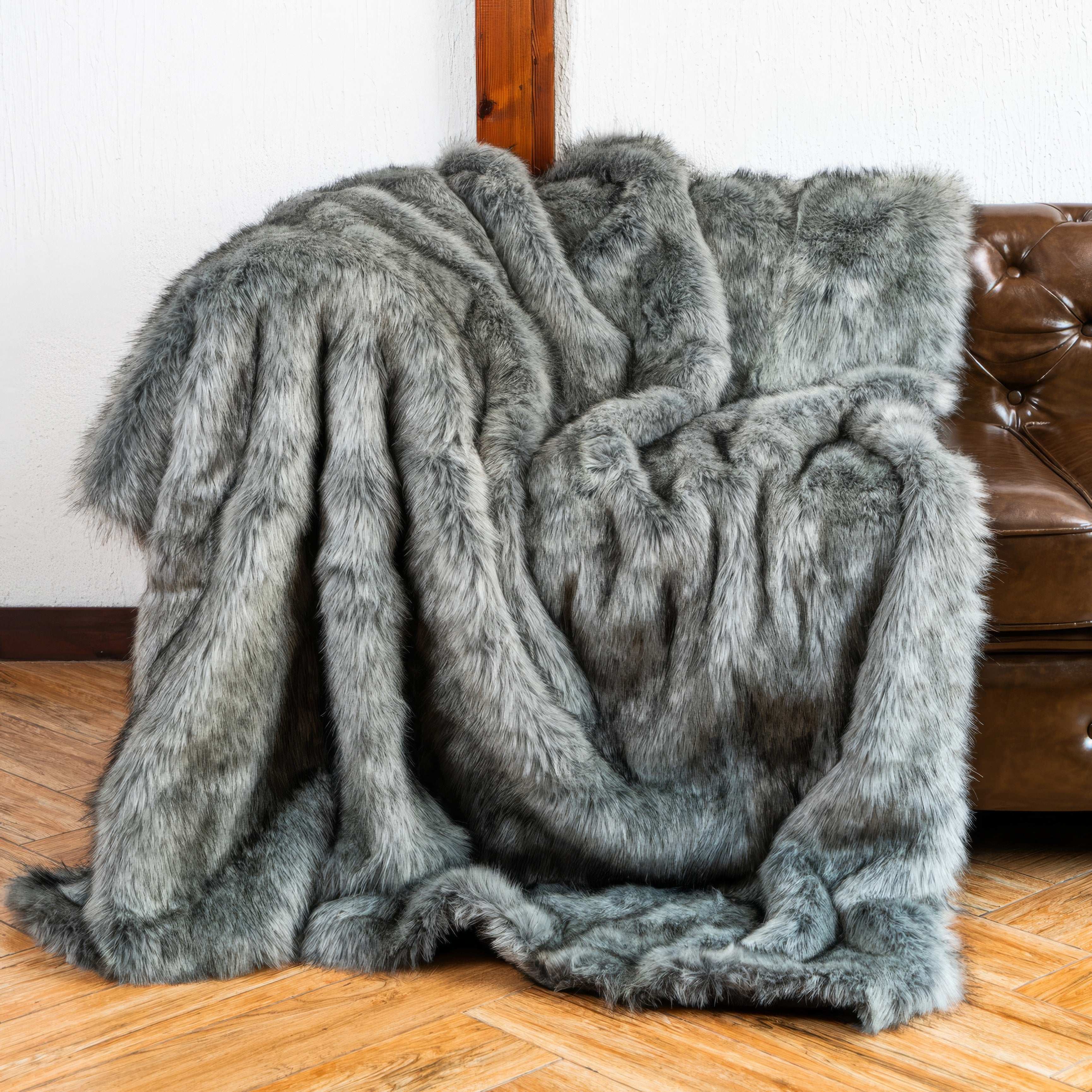 Grey Faux Fur Throw Blanket