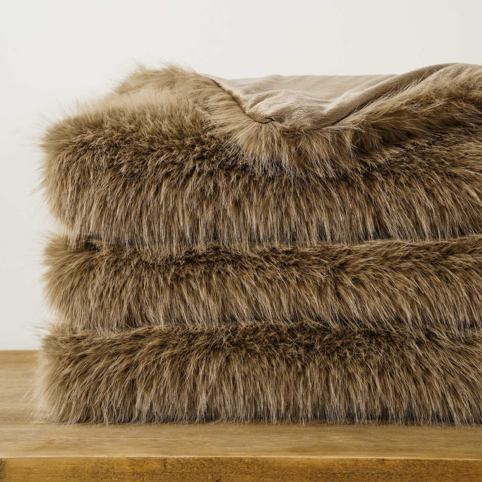 Khaki Faux-Fur Throw Blanket