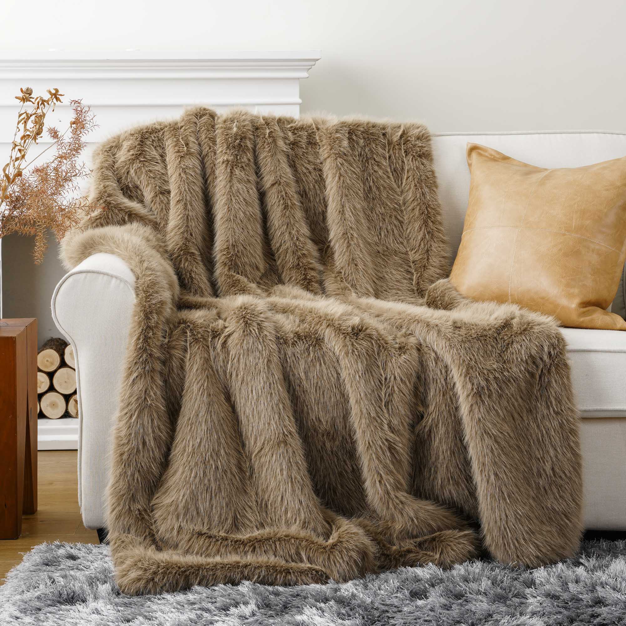 Khaki Faux-Fur Throw Blanket