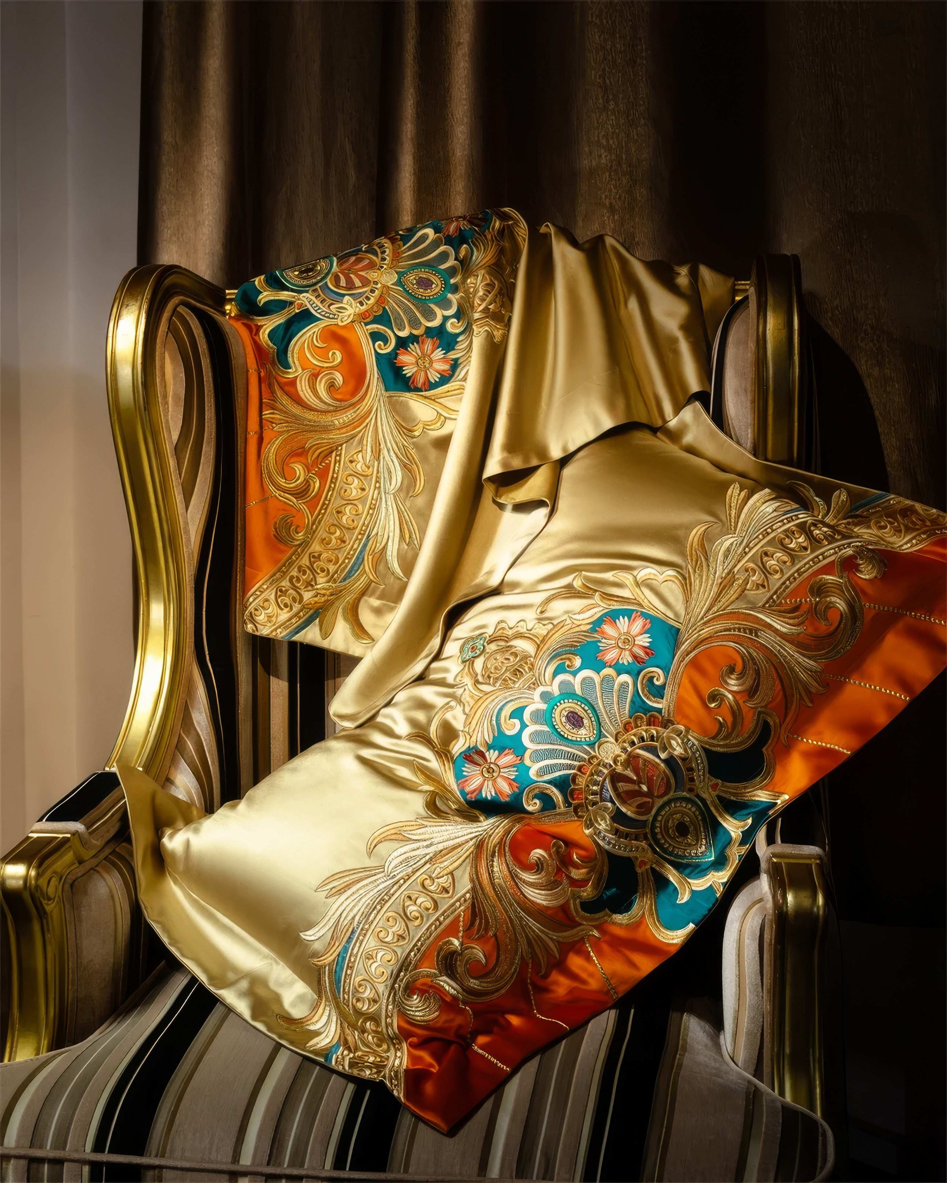Luxurious satin fabric with intricate baroque-style embroidery in gold, teal, and orange, draped over a gold-accented striped armchair, showcasing floral and ornamental motifs in a sophisticated setting.
