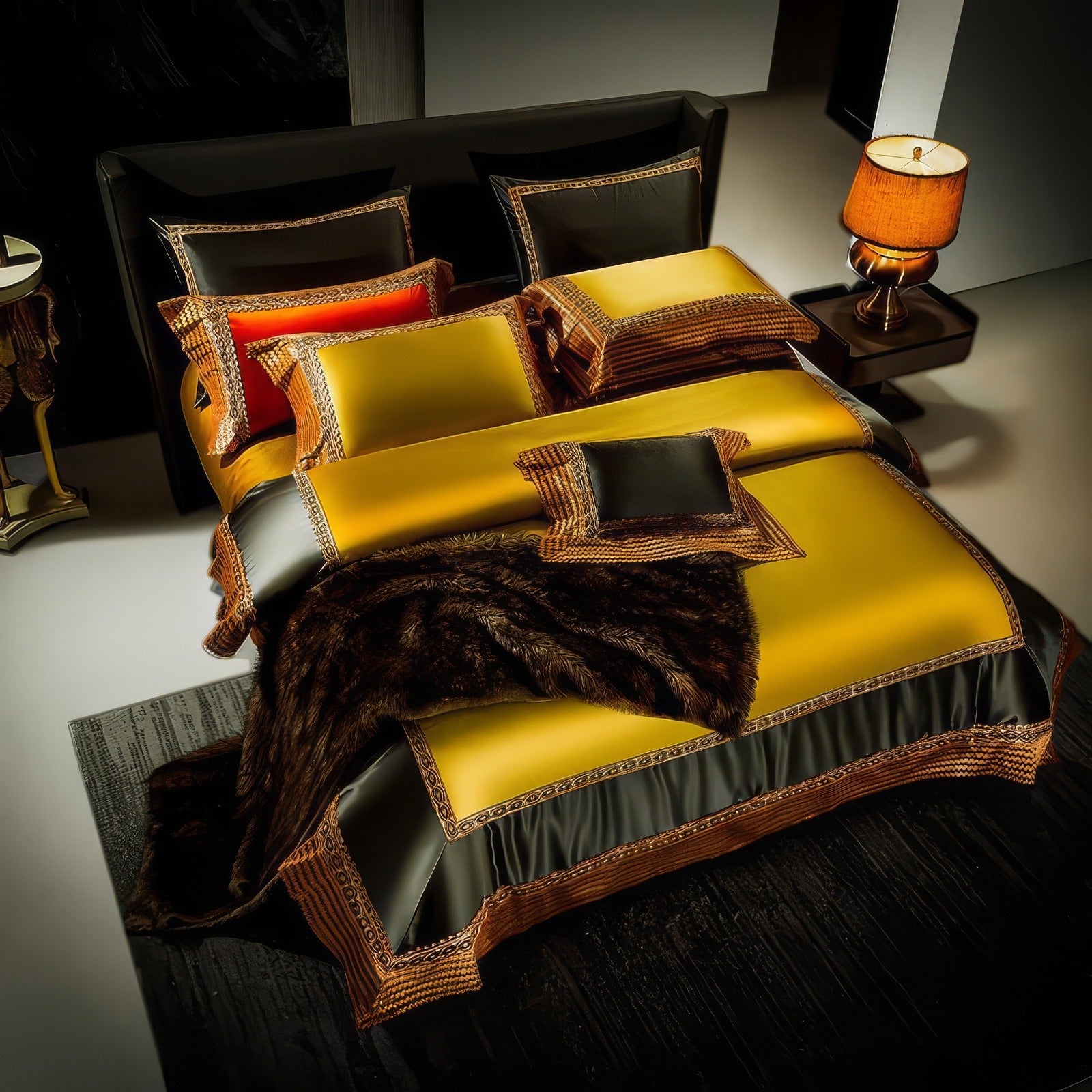 Luxury bedding set featuring a yellow and black design with intricate patterned borders. The set includes matching pillowcases, decorative cushions, and a plush fur blanket draped elegantly over the bed. The modern bedroom setting is accented with a sleek black headboard, a side table with an amber-colored lamp, and neutral flooring.