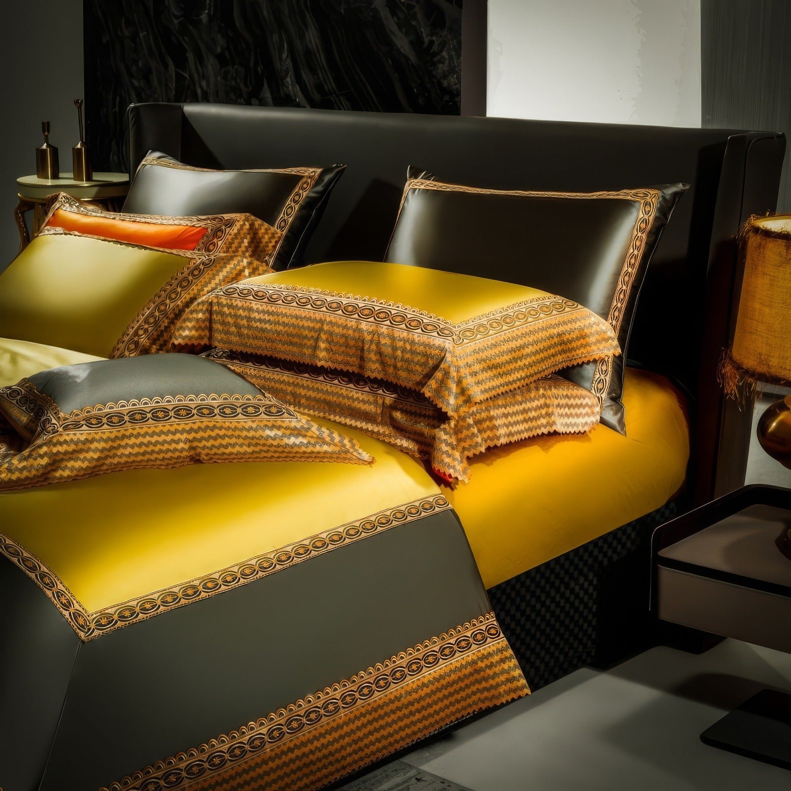 Elegant bedding set in yellow and black featuring detailed patterned borders. The set includes plump pillows with matching cases, a decorative cushion, and a smooth yellow fitted sheet. The luxurious black headboard and amber-toned side lamp complement the sophisticated design.