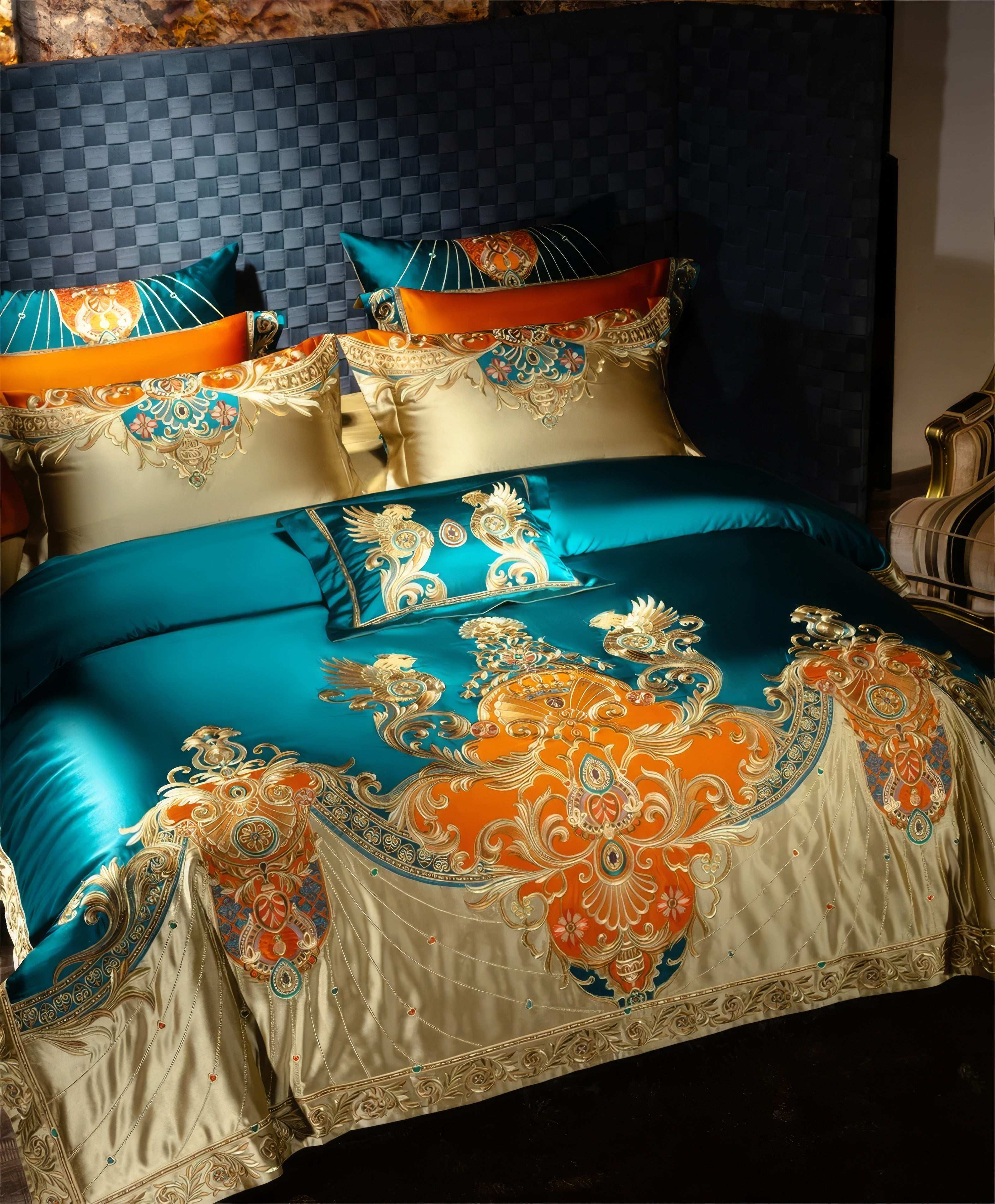 A vibrant and luxurious teal and orange bedding set crafted from high-shine satin fabric, adorned with intricate baroque-inspired gold embroidery that includes ornate floral and paisley motifs. The design features exquisite detailing with rich metallic threadwork, highlighted by gemstone-like accents and decorative borders. Matching pillowcases showcase complementary embroidery patterns, creating a cohesive and opulent aesthetic. The bedding is styled on a plush surface, with a dramatic woven-texture headbo