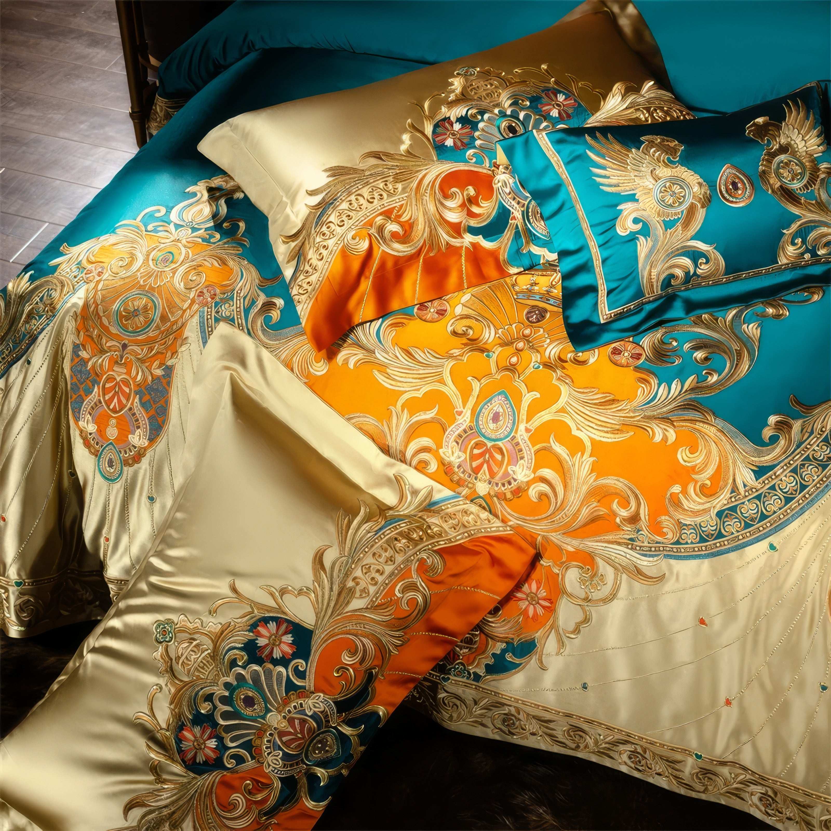 Overhead view of a luxurious bedding set in teal, orange, and gold featuring intricate embroidery with ornate floral and baroque designs on the pillowcases and duvet cover, showcasing the fine craftsmanship and rich satin fabric.
