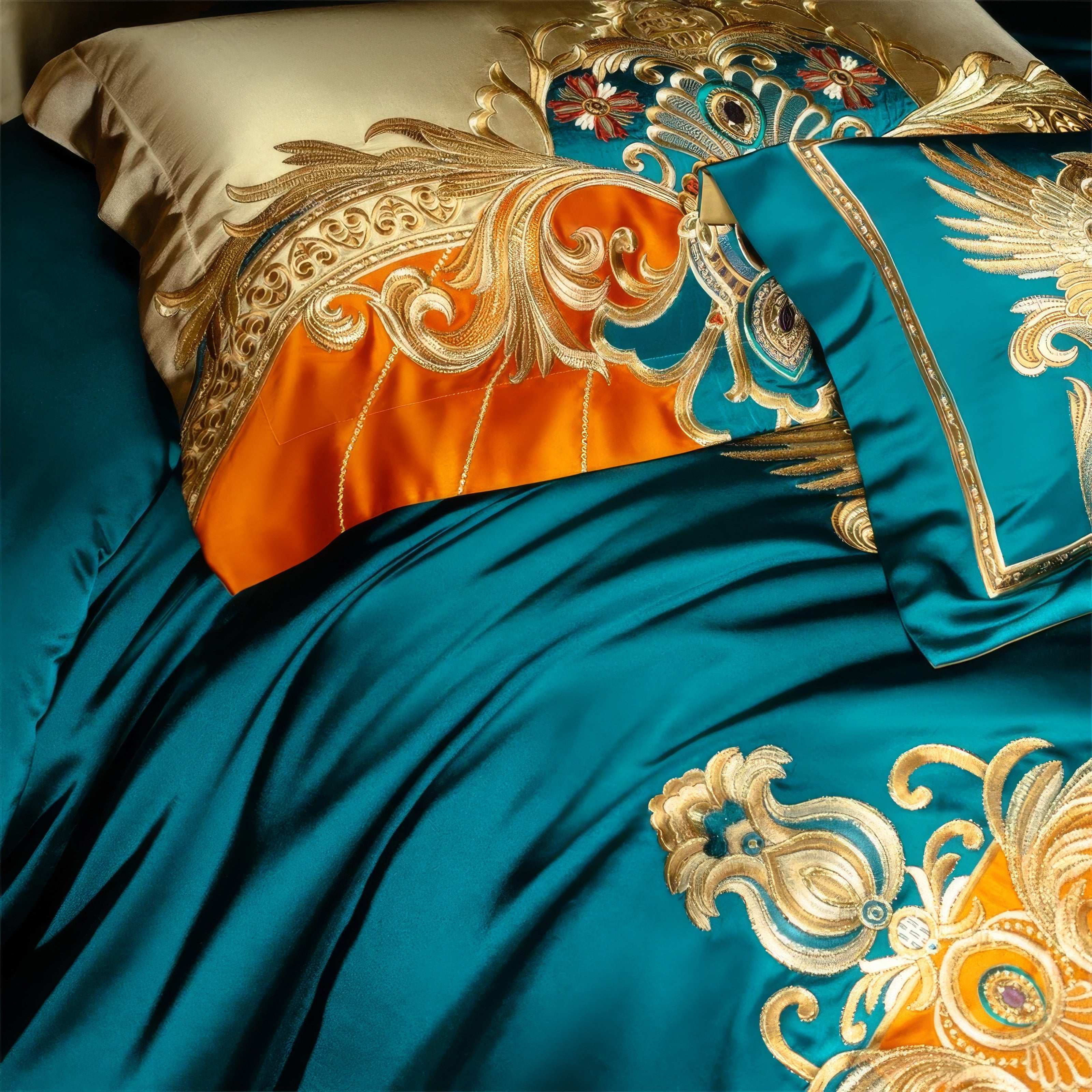 Close-up of a luxurious bedding set in teal, orange, and gold featuring intricate baroque-style embroidery with floral and scroll motifs, highlighting the detailed stitching and satin fabric textures on the pillowcases and bedspread.