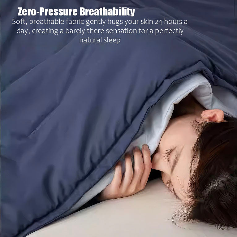 Person under a blue blanket with text about zero-pressure breathability