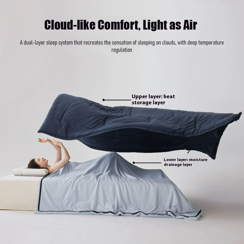 Sleep system with dual-layer design labeled, featuring a person lying on it.