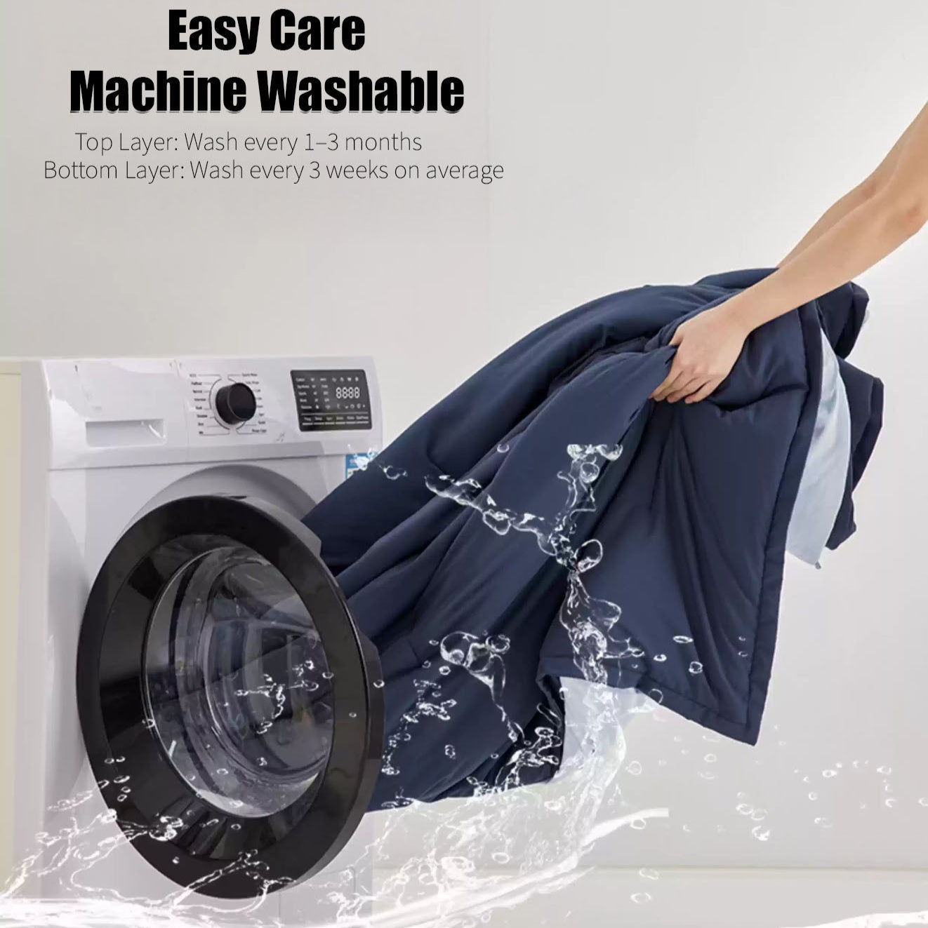Person holding a blue quilt above a washing machine with text about easy care and machine washability.