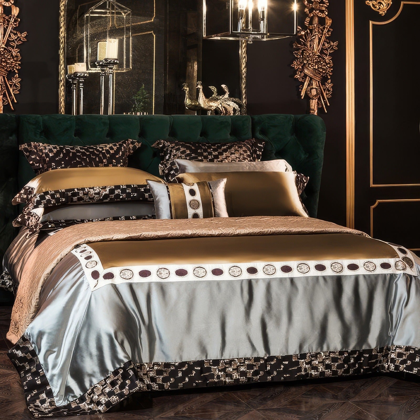 Elegant bedding set with champagne gold and silver blue hues, accented by geometric patterns and decorative trim. The silky duvet cover, paired with matching pillowcases and contrast black-and-gold base skirt, creates a luxurious and sophisticated aesthetic. The ensemble is complemented by the plush green tufted headboard and ornate gold wall decor, reflecting opulence and modern design.