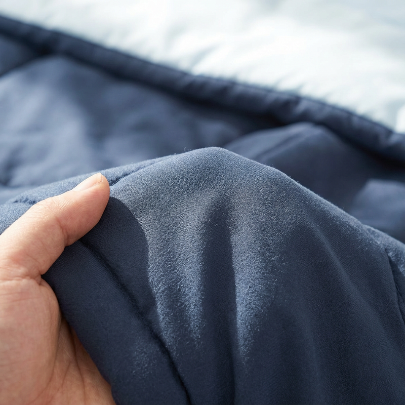 Close-up of a hand holding blue fabric with a blurred outdoor background