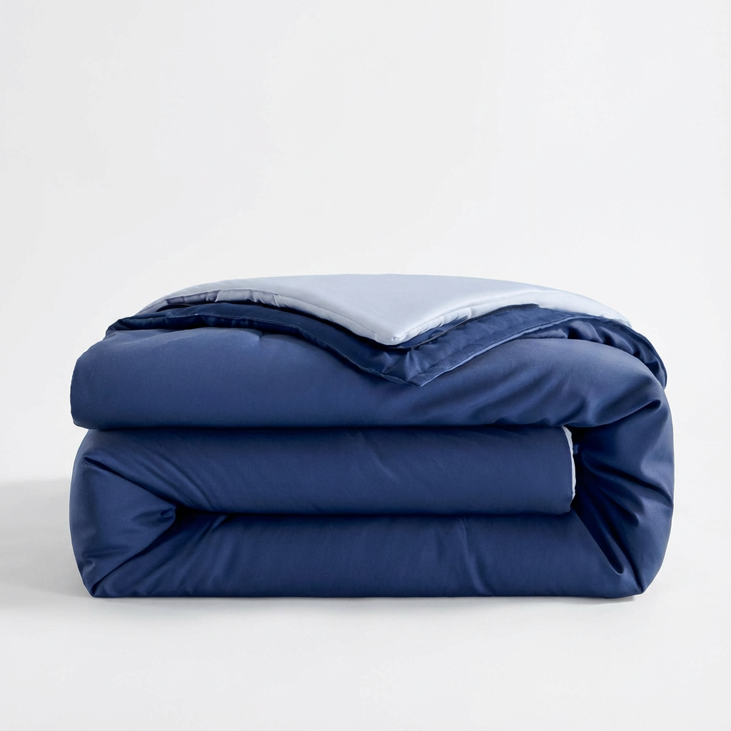 Folded blue comforter on a white background