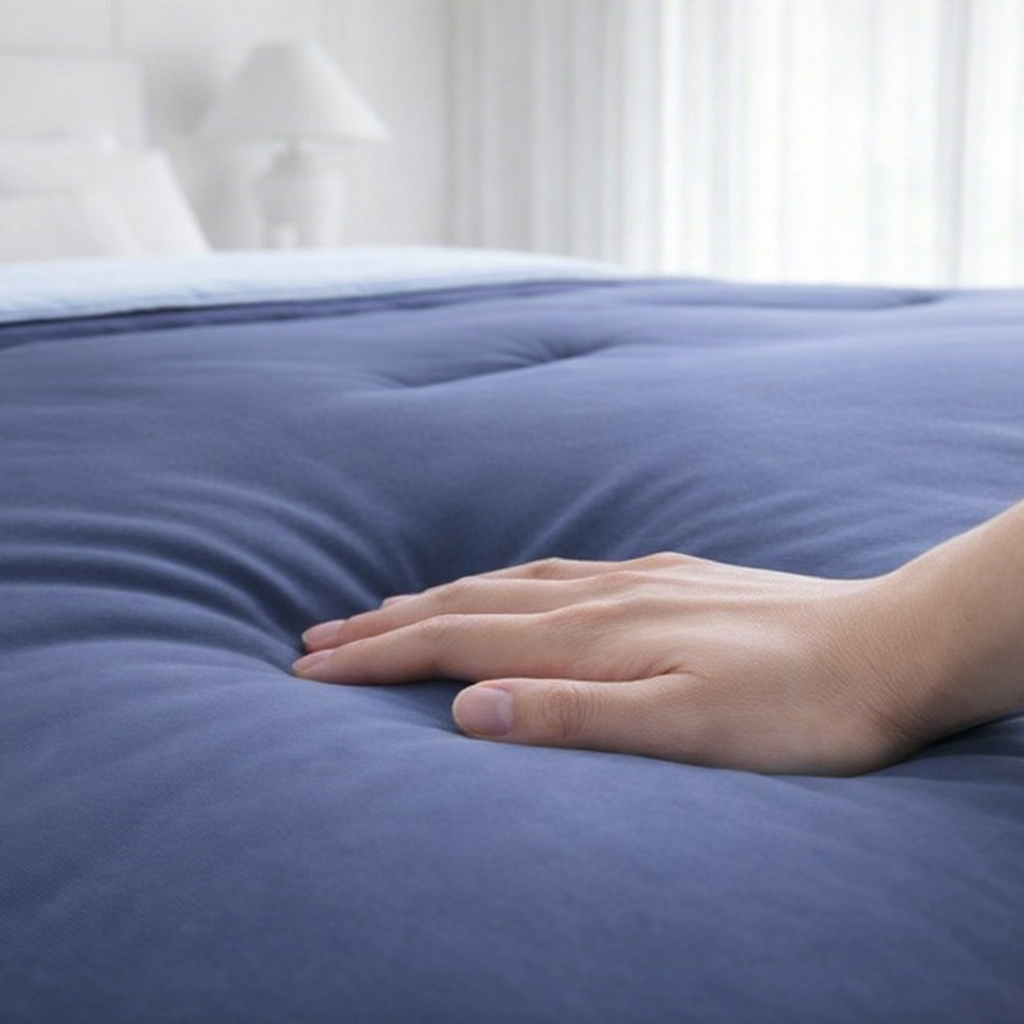 Hand touching a blue mattress to check its softness