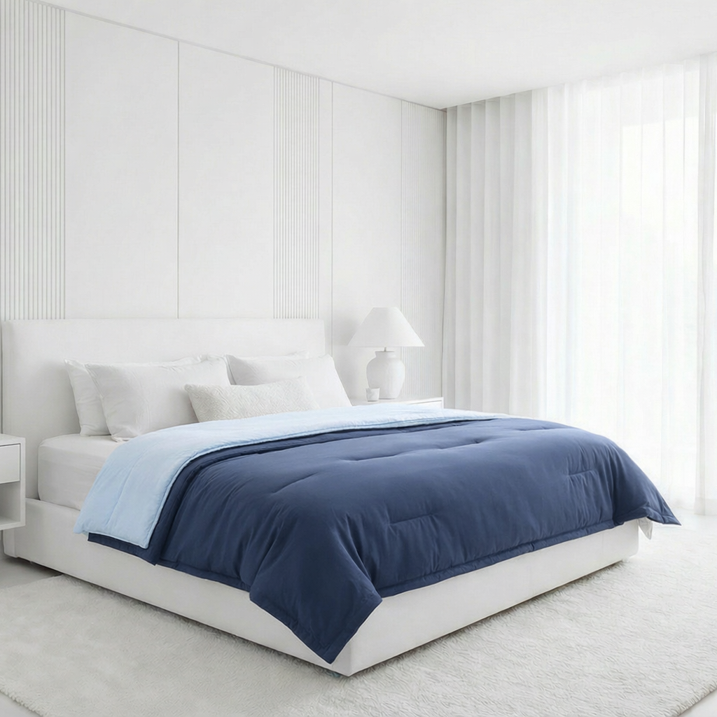 Modern bedroom with a bed featuring a blue blanket and white pillows.