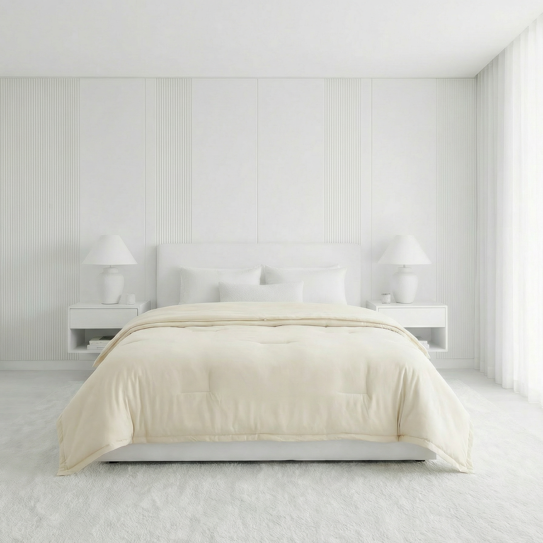 Beige comforter on a bed in a minimalistic bedroom with white walls and floor.