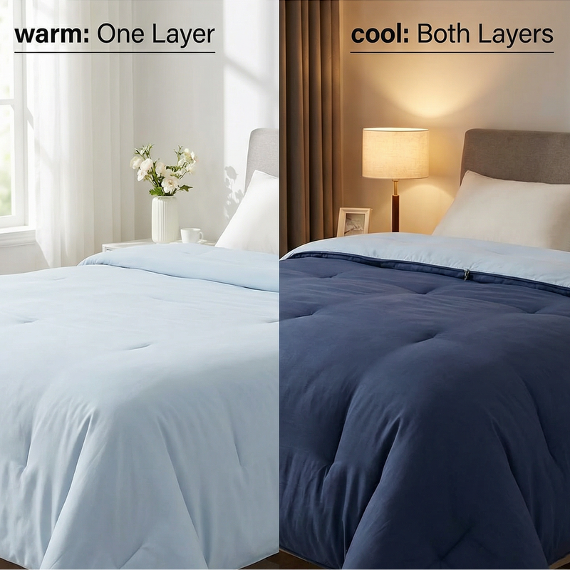 Two images showing a comforter in different settings with text indicating its use for warmth and coolness.