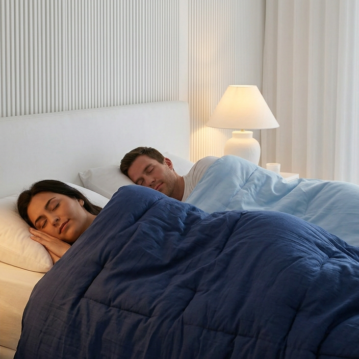 Two people lying in bed under a blue comforter with nightstands and lamps.