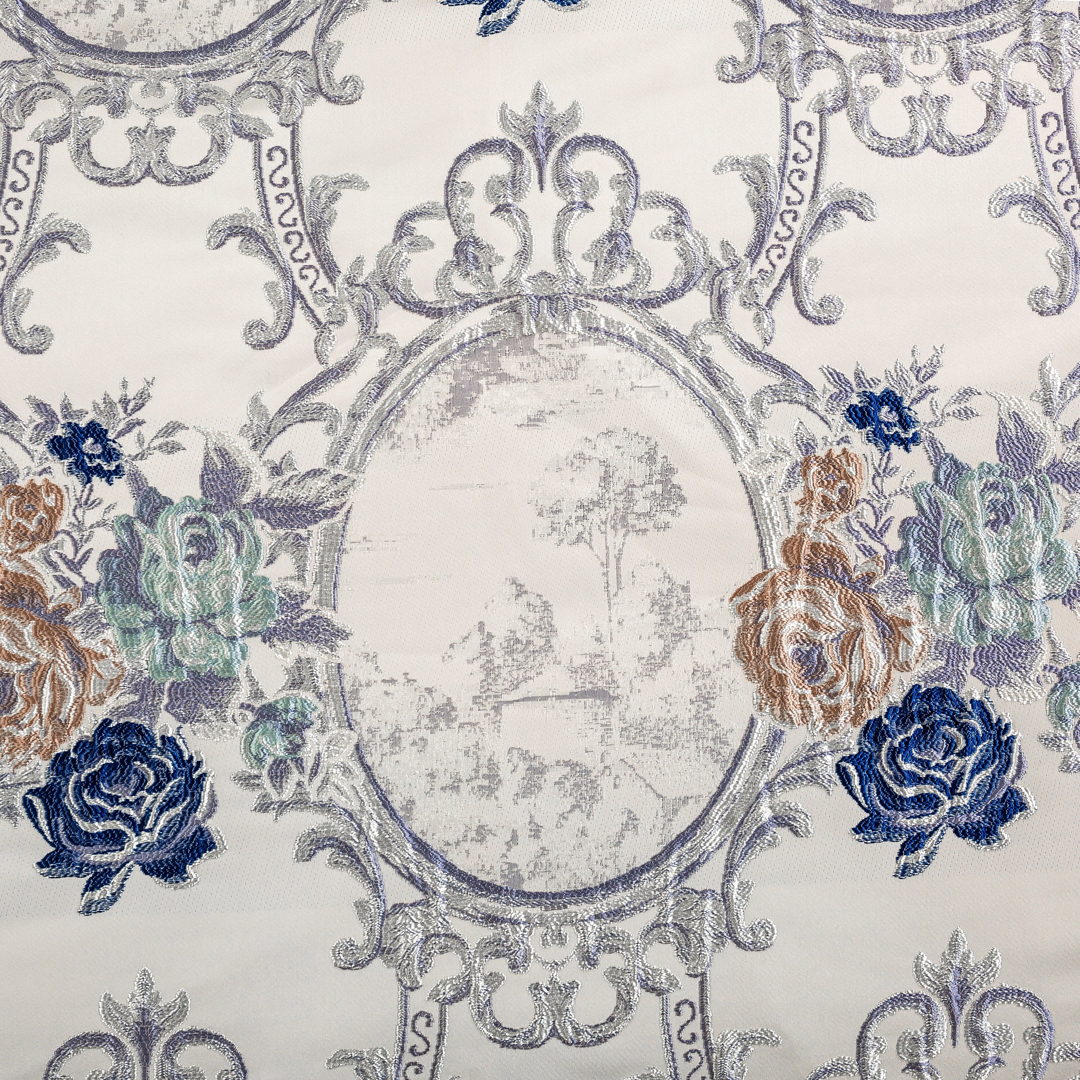 Intricate baroque-inspired pattern featuring a central oval frame with a subtle pastoral scene surrounded by ornate silver filigree. Vibrant floral accents of blue, brown, and green roses add contrast and elegance to the cream background.