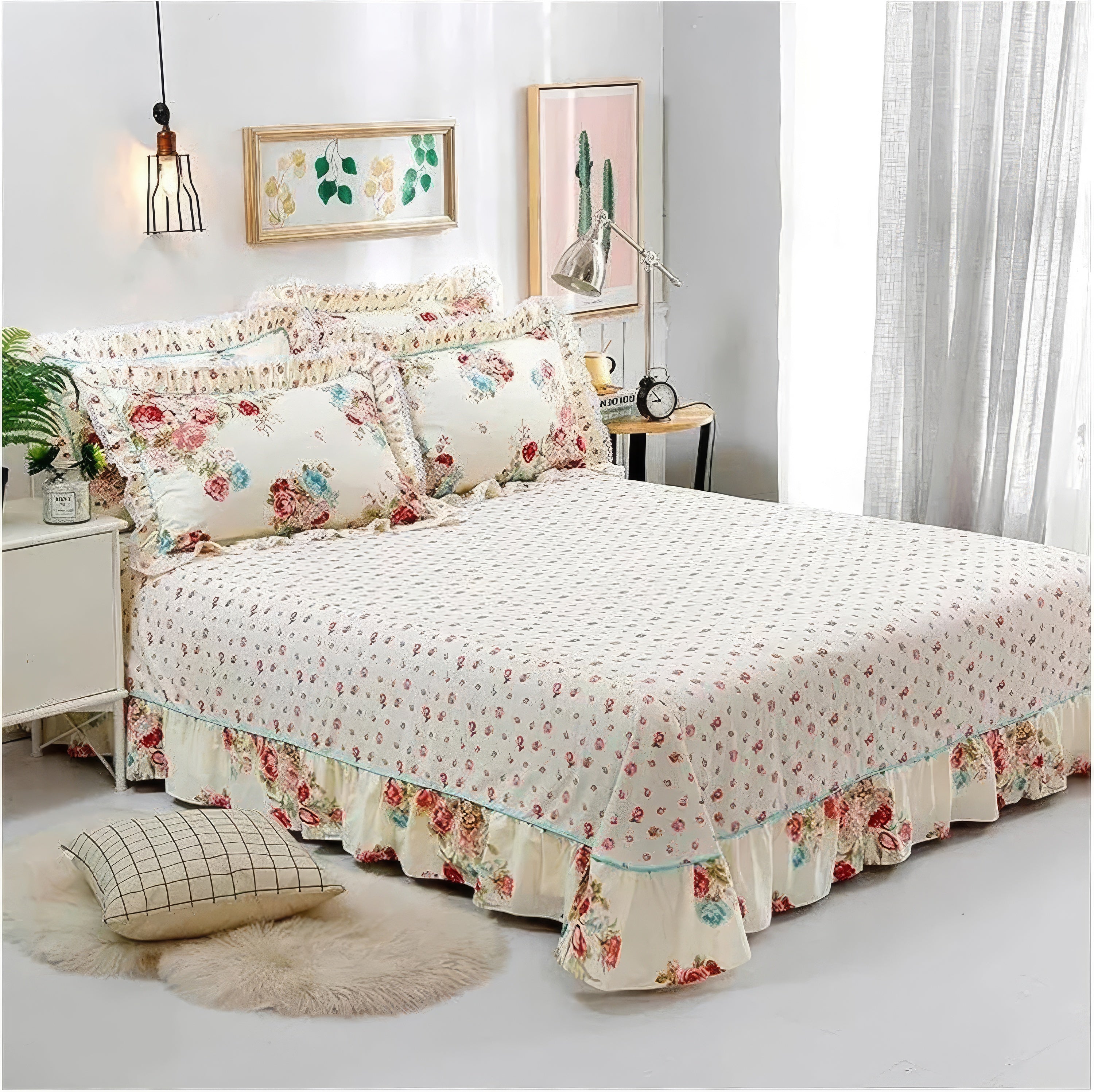 Cream-colored bedding set with delicate red and blue floral patterns, featuring a ruffled skirt along the edges of the bedspread. Two matching pillowcases with lace trim rest against a white headboard, with an assortment of decorative elements including a framed cactus print, a potted plant, and a table lamp on the side table. A plush cream rug and a checkered floor cushion are positioned near the bed. The scene is softly illuminated with natural light streaming through a sheer white curtain.

