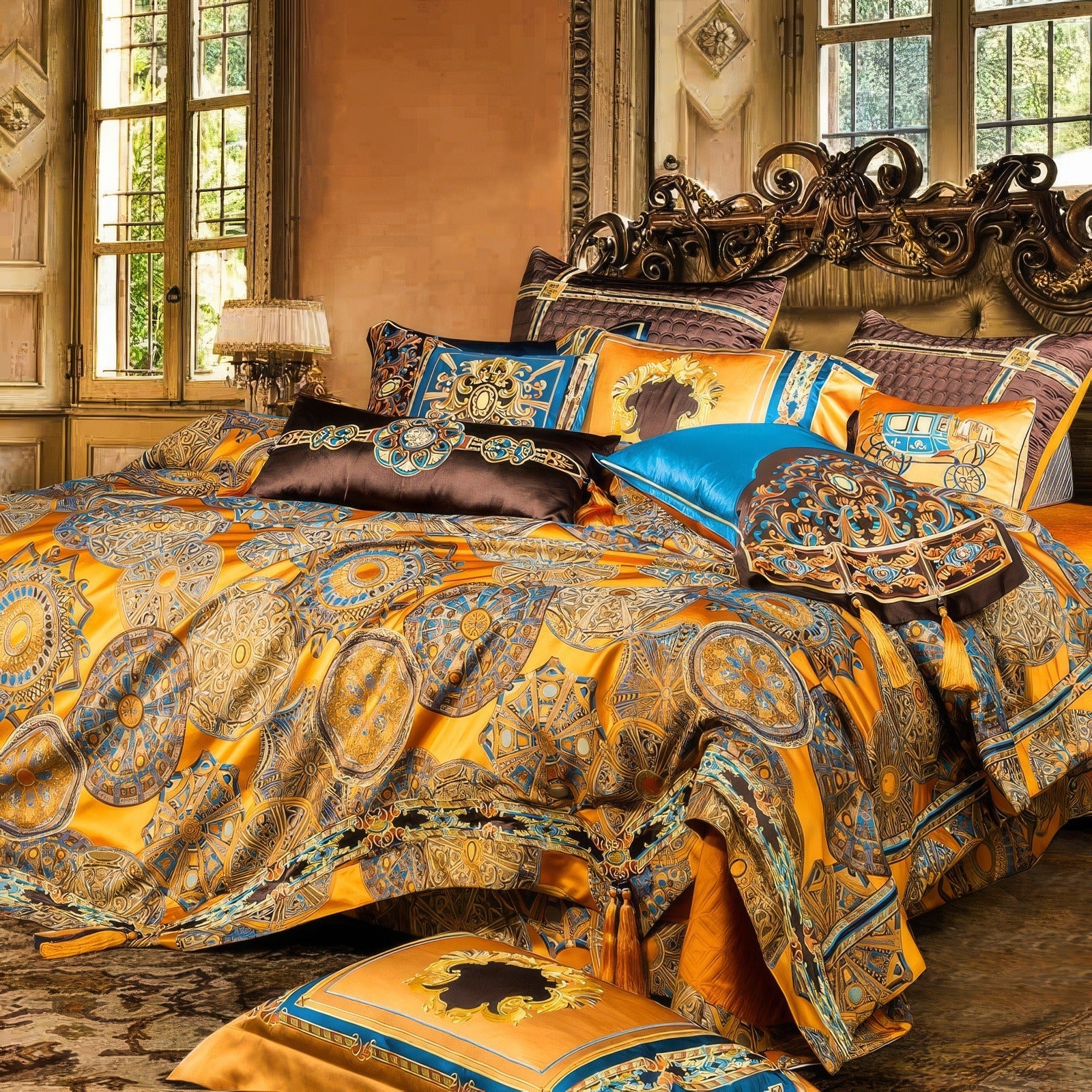 Luxurious bedding set with an ornate gold, orange, and blue pattern featuring intricate medallions and royal motifs, styled on an antique carved wooden bed in a vintage bedroom with tall windows and soft natural light.

