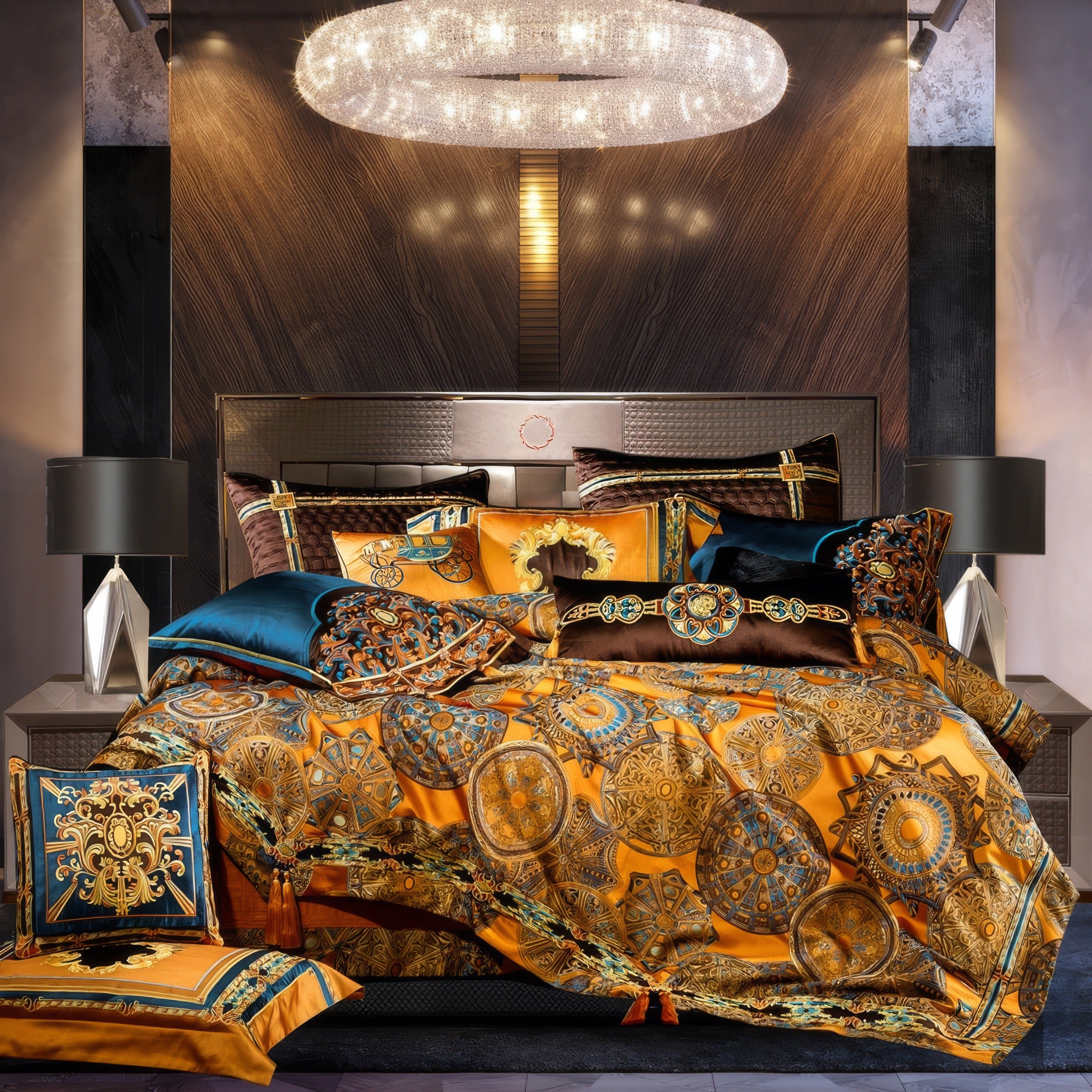 Opulent bedding set featuring an intricate orange and gold pattern with detailed medallions and ornate motifs, accompanied by matching pillows in teal, brown, and gold, set against a dark modern bedroom backdrop with a grand chandelier above.

