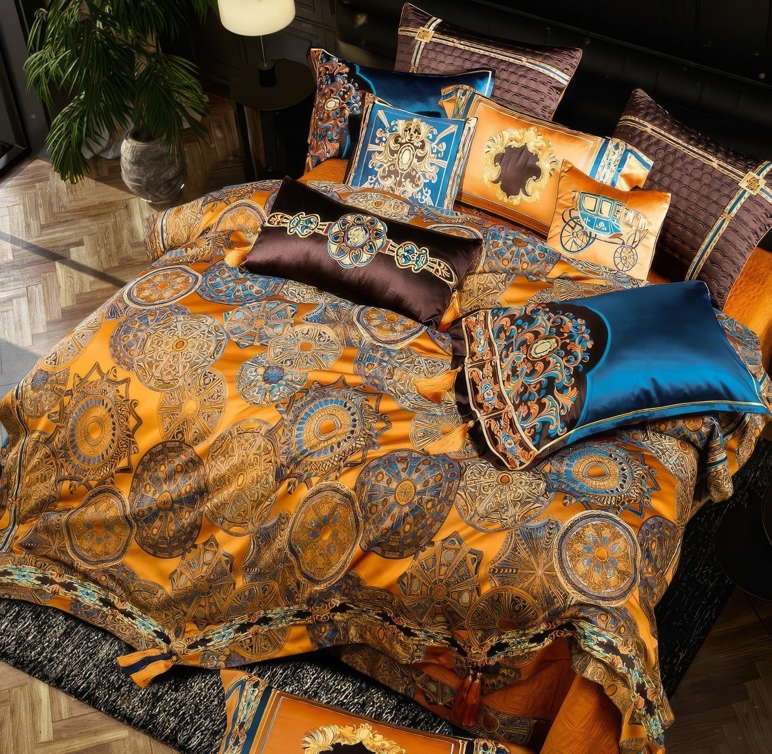 Ornate bedding set in bold gold, orange, and blue tones featuring intricate circular medallion designs, paired with decorative pillows of varying patterns, displayed in a stylish bedroom with wood flooring and a large potted plant.

