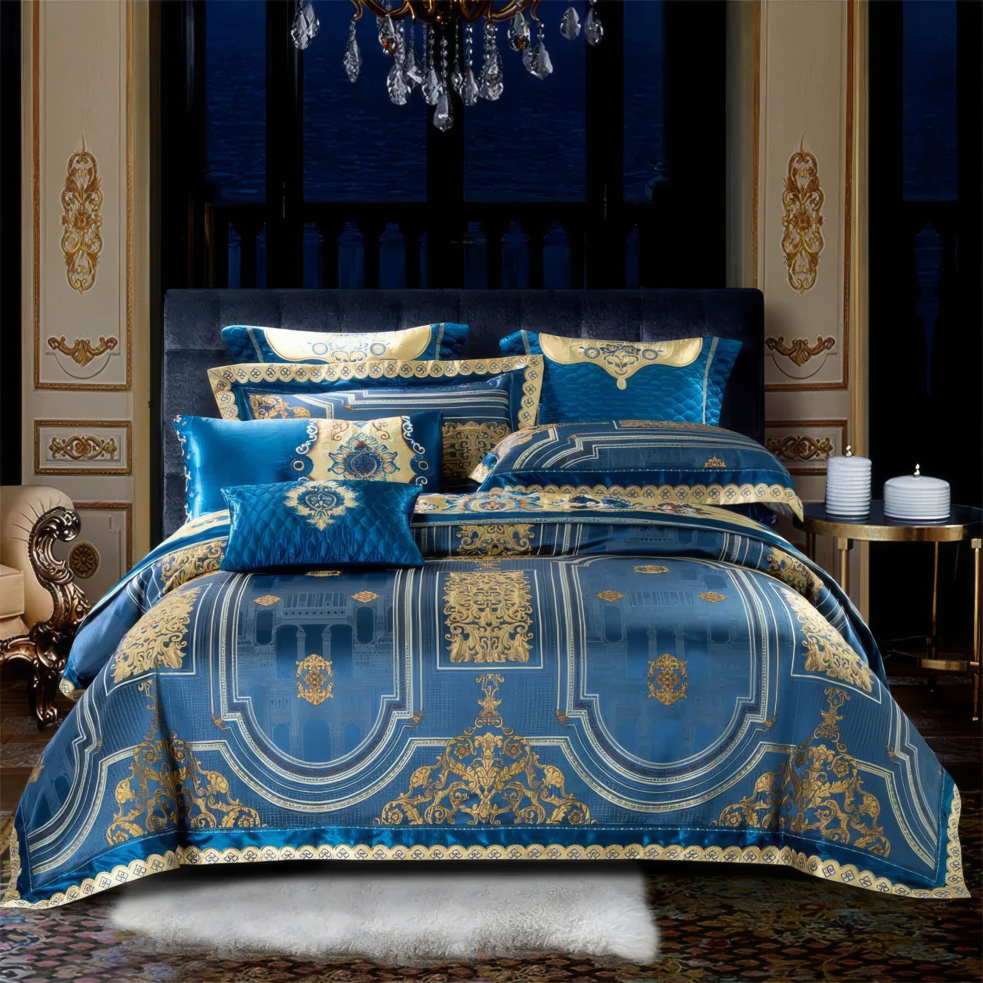 Luxurious bedroom featuring an opulent blue and gold bedding set with intricate baroque-inspired patterns and ornate details. The bedding includes a comforter, pillow shams, and decorative cushions in various shades of blue with gold accents. A black upholstered headboard complements the elegant design, while the backdrop of floor-to-ceiling windows and decorative wall panels enhances the regal atmosphere. A plush white rug sits beneath the bed, adding a soft touch to the space.

