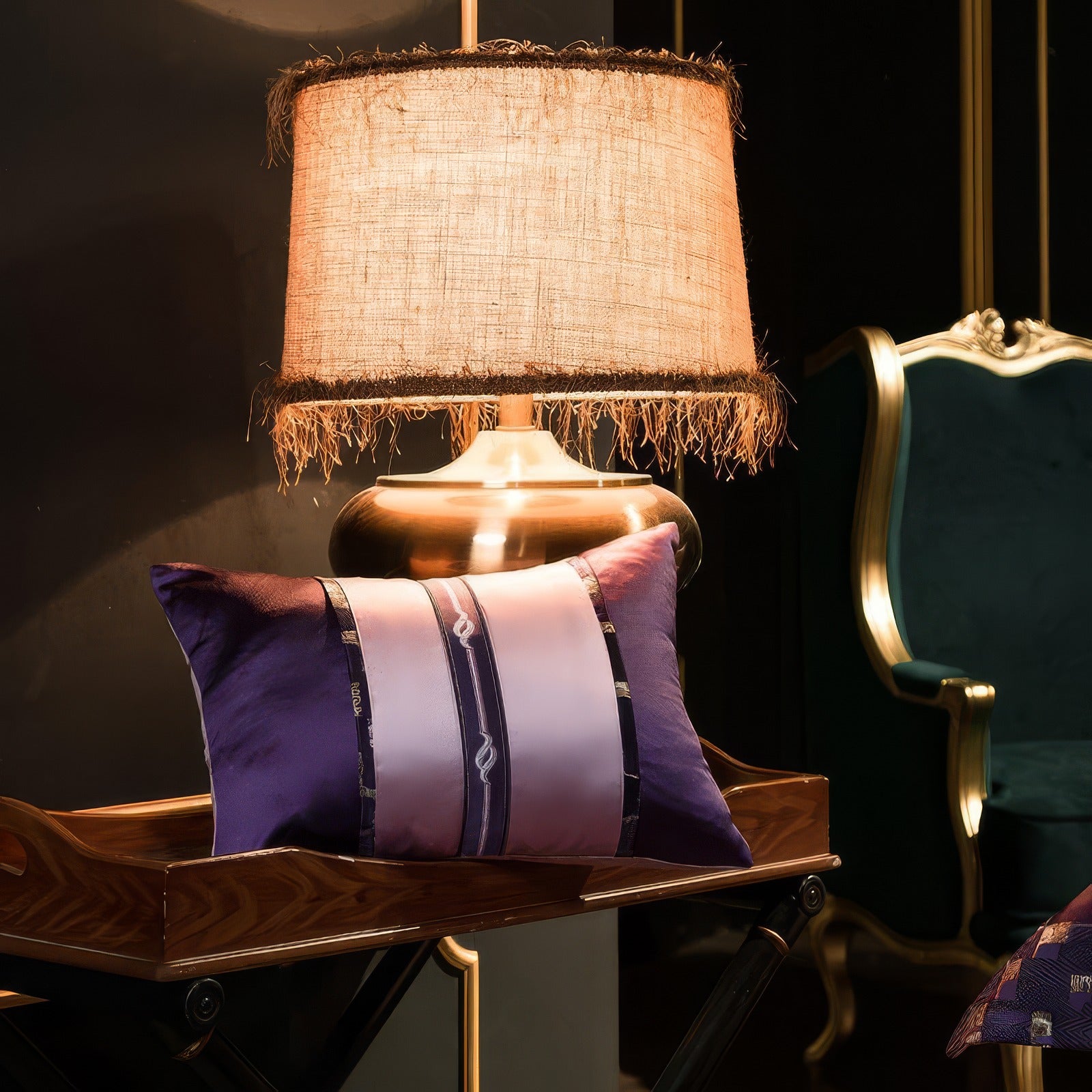 Decorative purple and lavender accent pillow with golden embellishments placed on a wooden tray beneath a warm-lit, fringed lampshade.