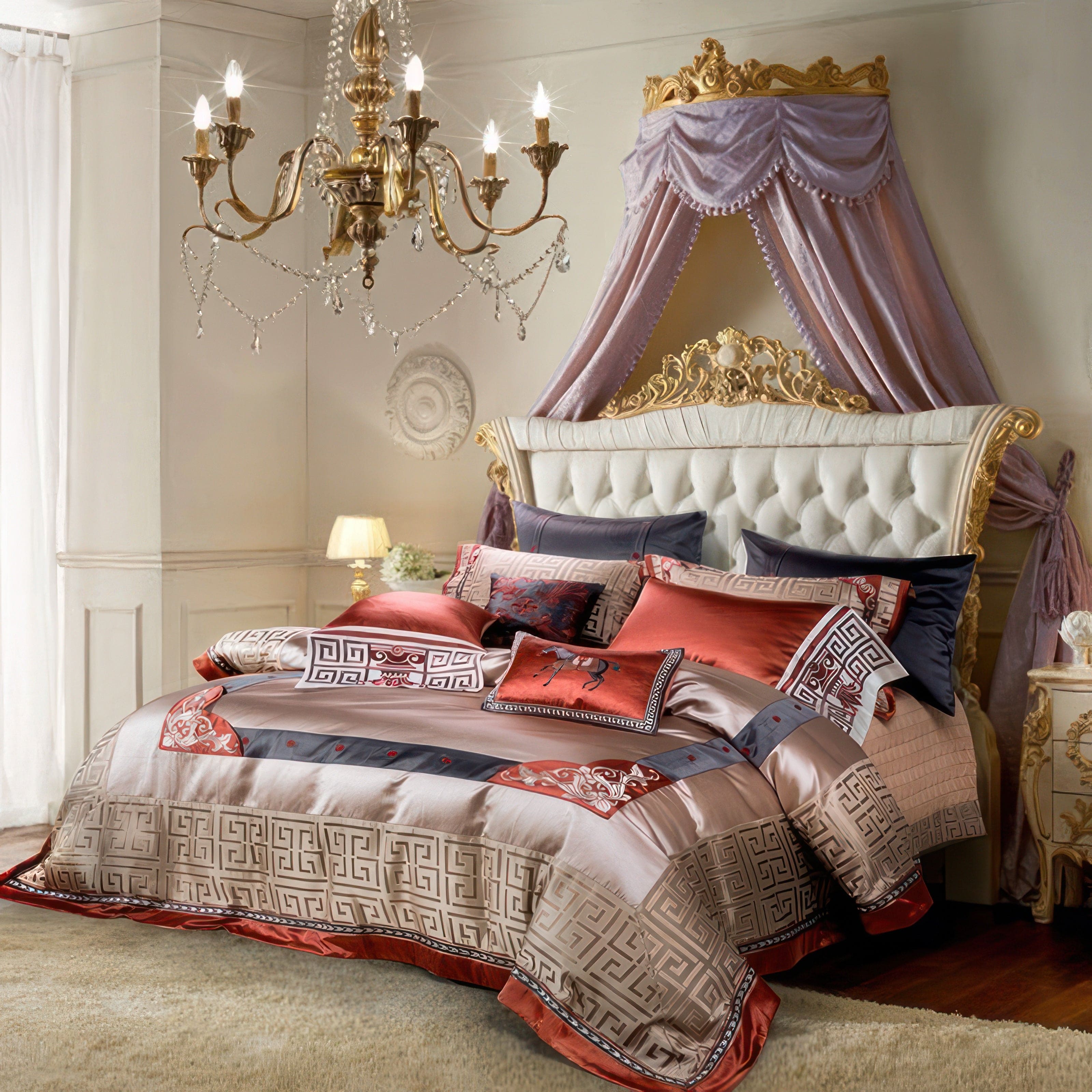 An opulent bedroom setting with a bedding set featuring intricate Greek key patterns in beige and vibrant orange tones, accented with detailed embroidery. The tufted white headboard with gold embellishments is crowned by a lilac canopy drape. A grand chandelier with crystal details hangs overhead, complemented by classical wall moldings and elegant side tables adorned with soft lighting.