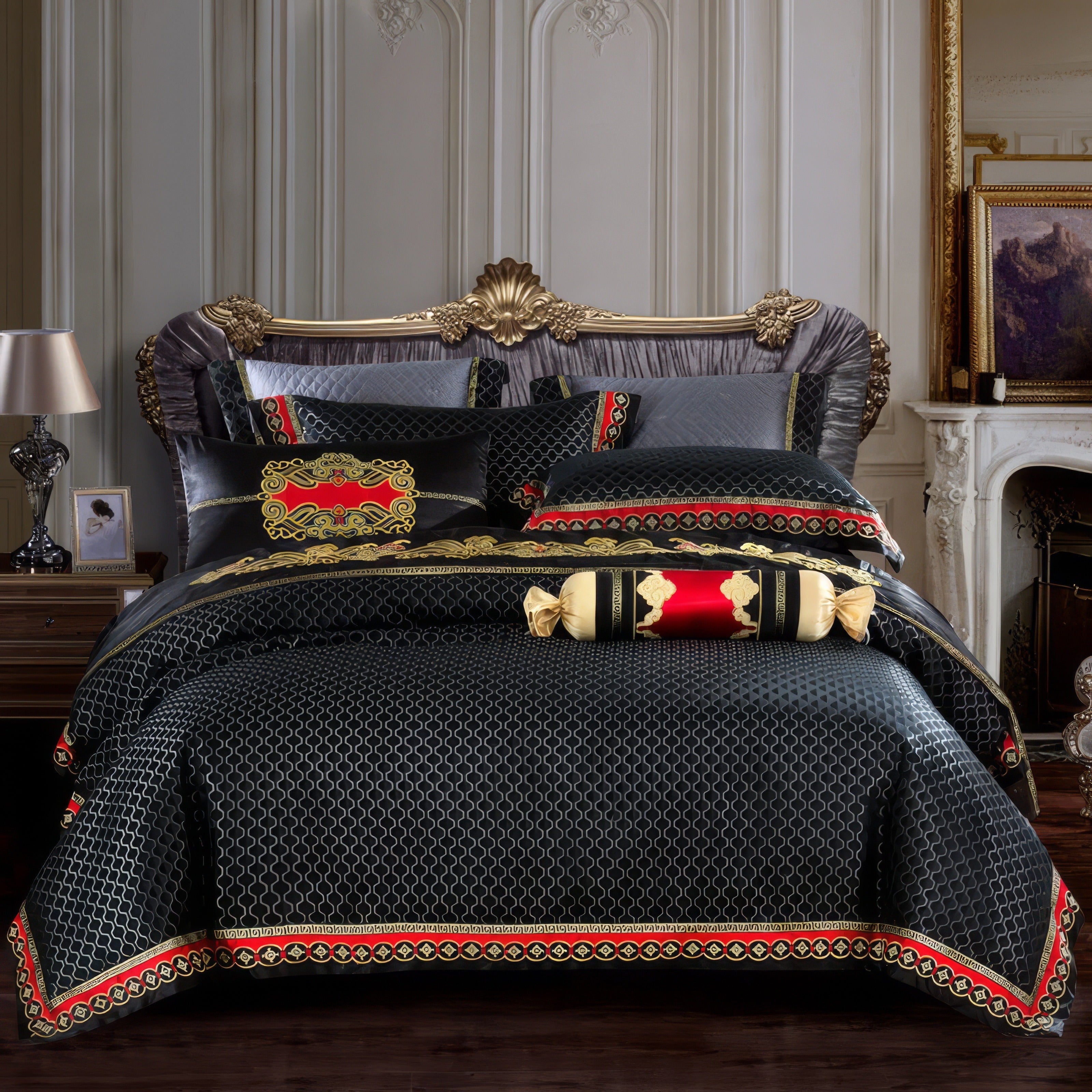 A luxurious black bedding set featuring intricate gold and red embroidered accents that exude regal sophistication. The design showcases elegant geometric patterns interwoven with ornate detailing along the edges, creating a striking visual impact. Complemented by matching decorative pillows and a cylindrical bolster in black, gold, and red, the bedding is styled with a grand tufted headboard with gold embellishments. The classic interior with ornate wall molding and vintage furniture enhances the aristocra