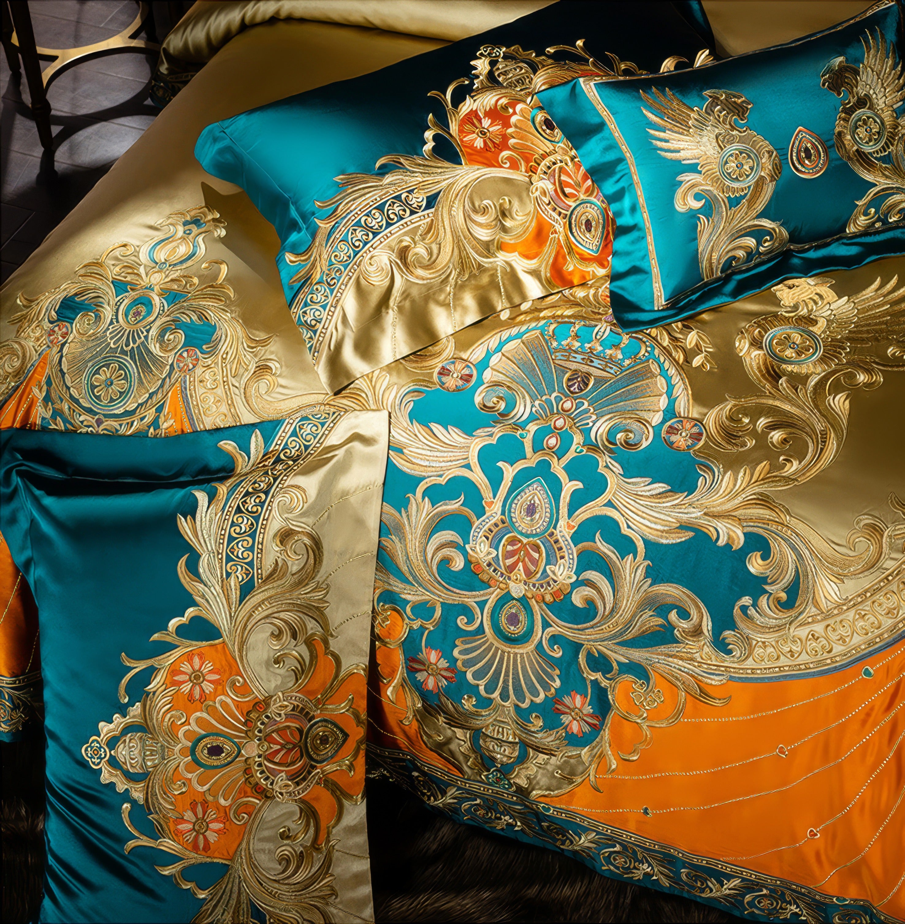 Close-up of a luxurious bedding set with a teal, orange, and gold color scheme, featuring intricate baroque-style embroidery with floral and griffin motifs on pillowcases and a satin bedspread.