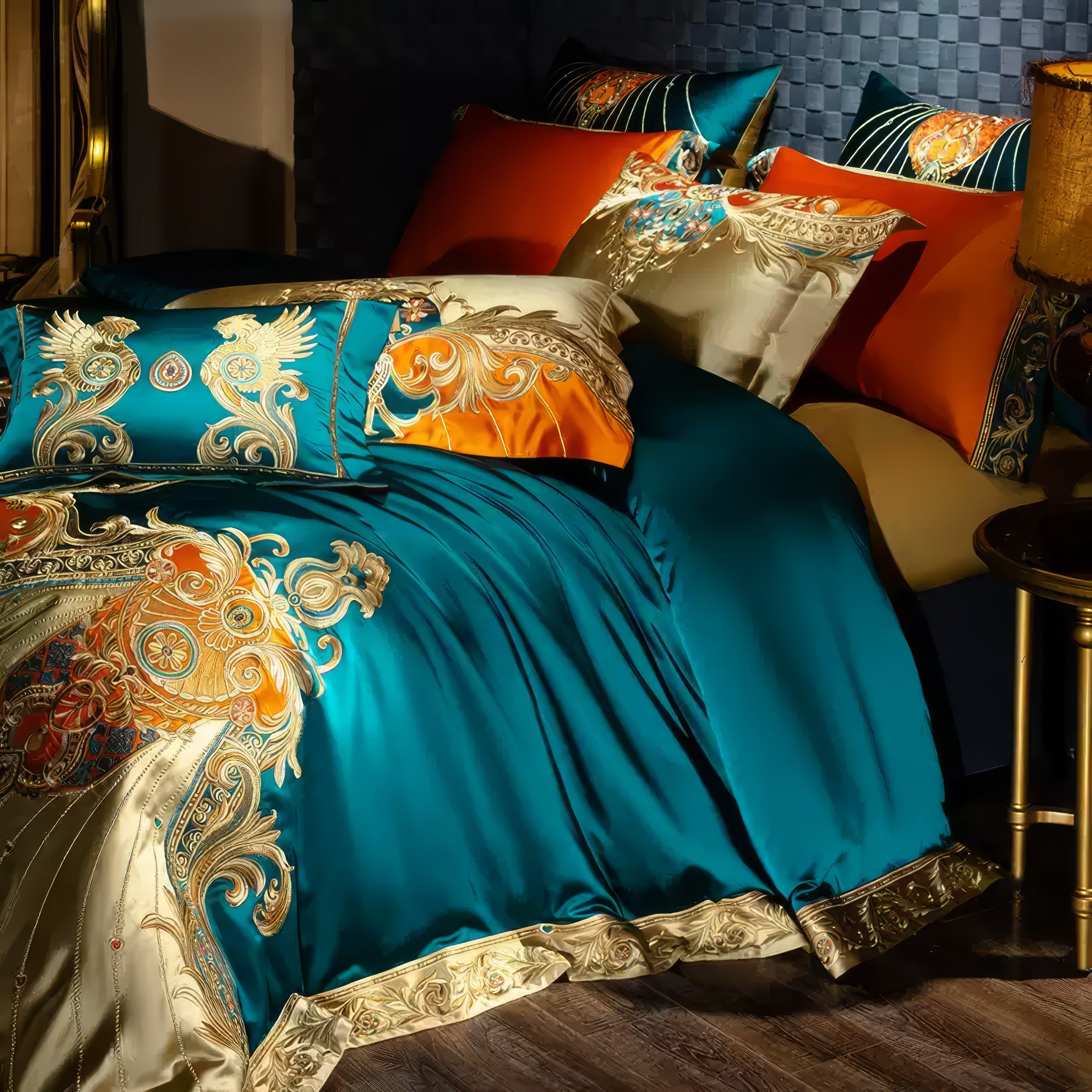 Side view of a luxurious bedding set in teal, orange, and gold with elaborate baroque-style embroidery, featuring matching pillowcases, a decorative throw pillow, and a satin bedspread, styled in an elegant bedroom with warm lighting and gold accents.