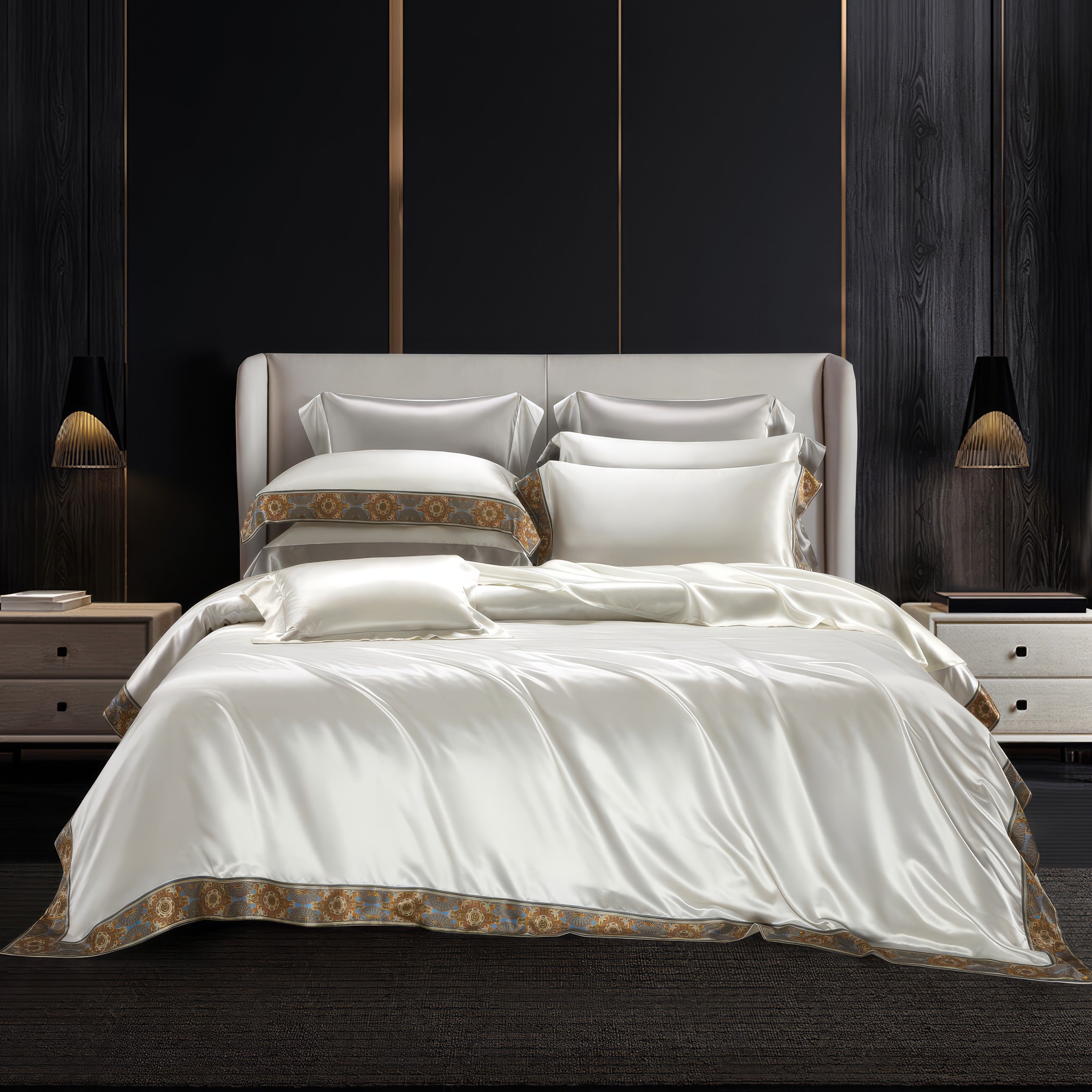 An elegant bedding set featuring smooth, ivory-colored fabric with intricate gold and blue border detailing. The bed is styled with layered pillows of varying sizes, adding a sense of luxury and comfort. A modern, dark-paneled wall and warm lighting from sleek bedside lamps create a sophisticated ambiance, complemented by light wooden side tables.