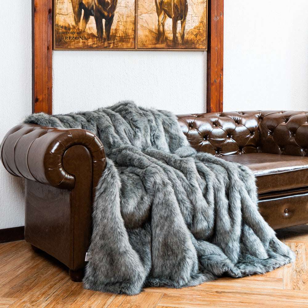 Grey Faux Fur Throw Blanket