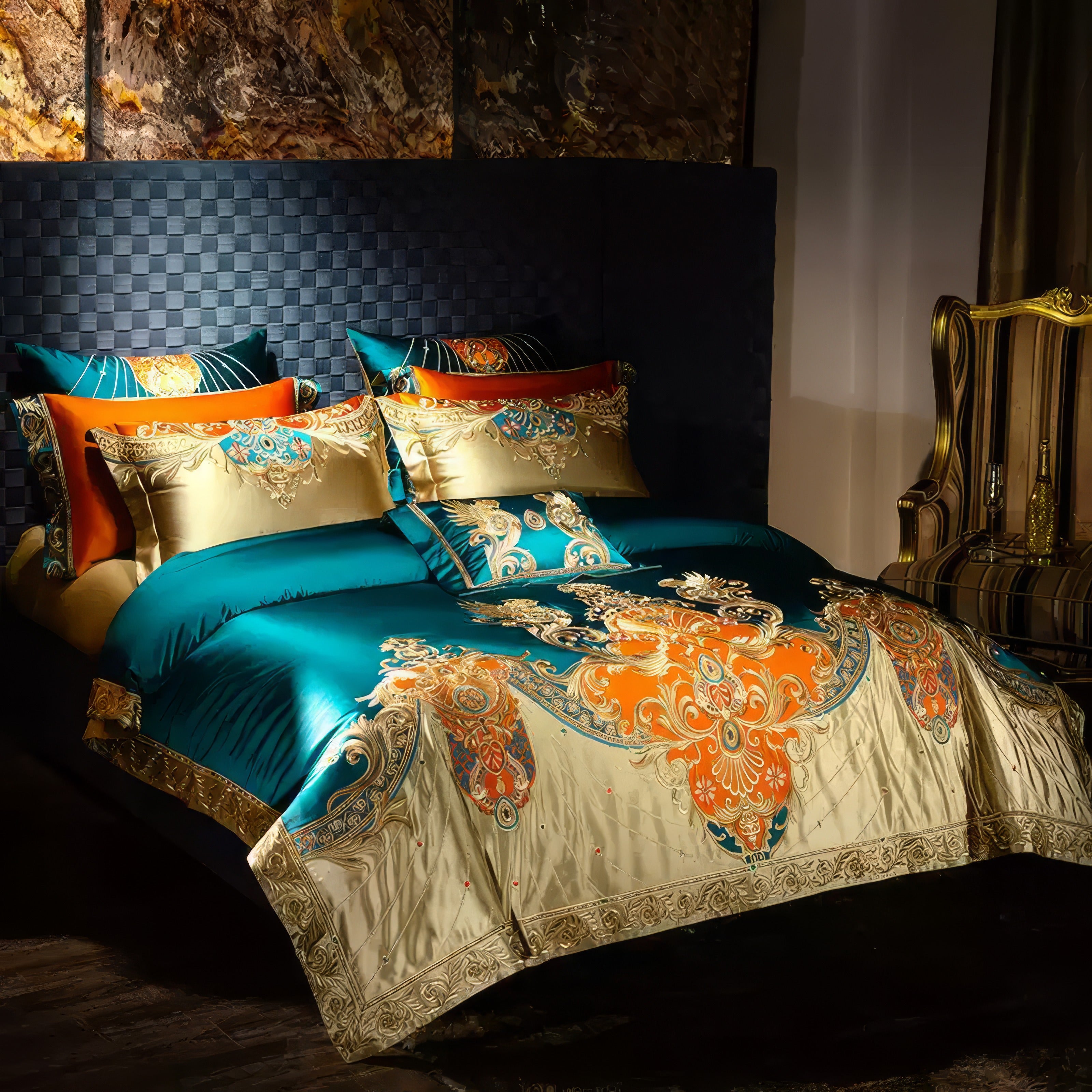 Luxurious bedding set in teal, orange, and gold with intricate baroque-style embroidery, featuring matching pillowcases and a decorative throw pillow, styled in a sophisticated bedroom with a textured headboard, marble accents, and a gold-accented chair.