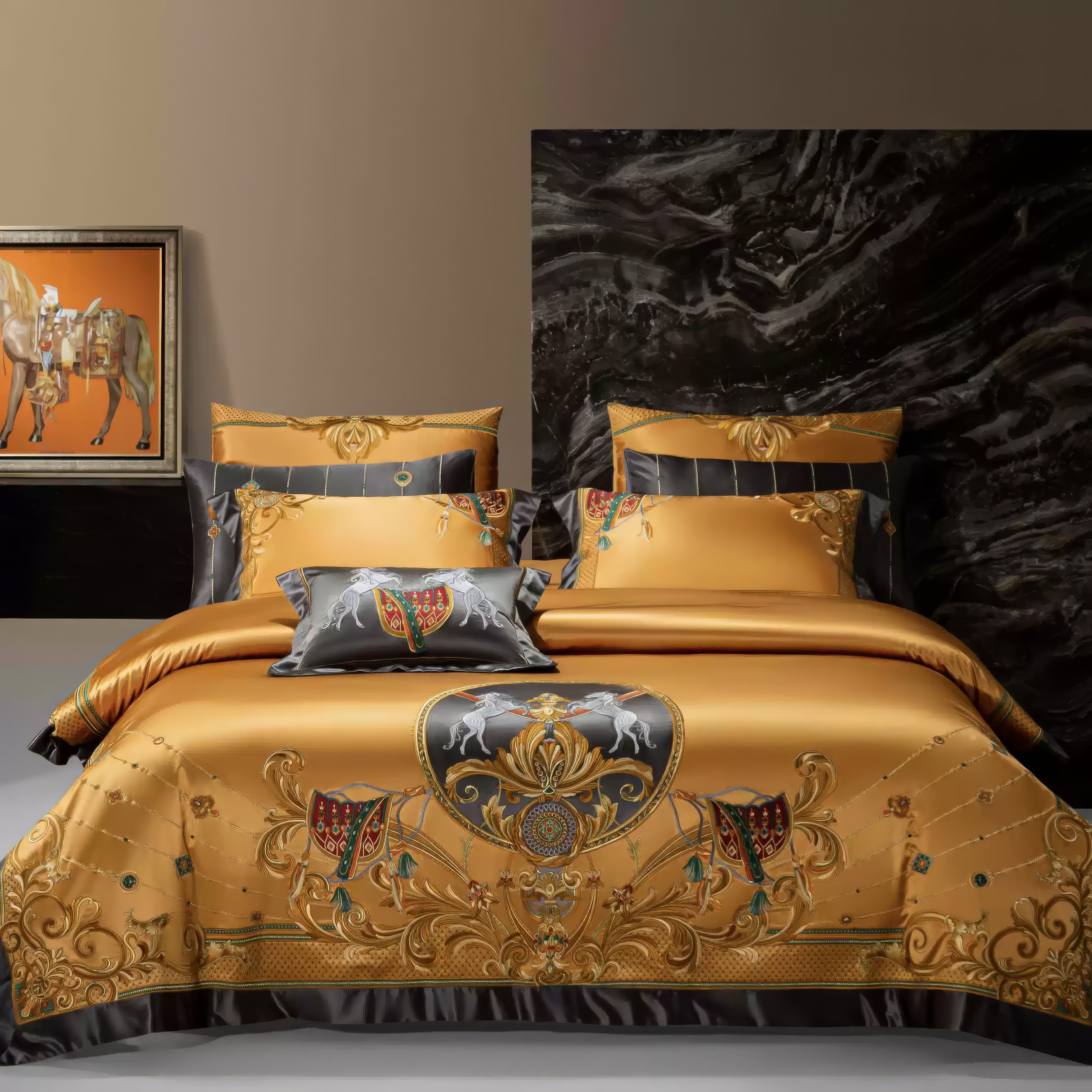 An opulent bedding set featuring a regal golden-yellow duvet adorned with intricate baroque-inspired patterns and ornate details in gold, black, and jewel tones. The centerpiece design showcases a majestic emblem with leaping white horses and heraldic motifs. Complementary pillowcases carry the theme with matching embroidery and rich black accents. A luxurious gray accent pillow with vibrant red and green embellishments adds contrast and sophistication. The backdrop includes a polished black marble wall, ex