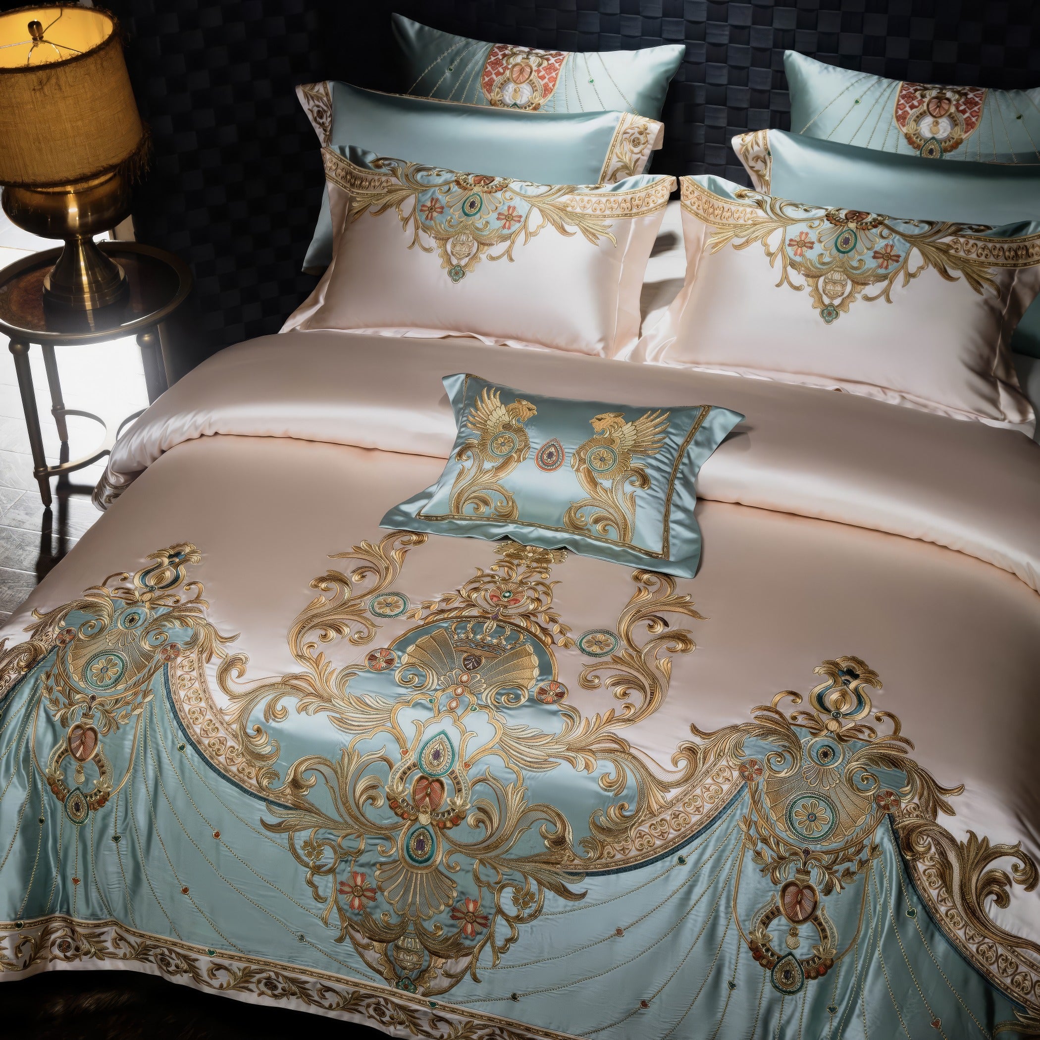 Luxurious bedding set in cream and light blue with intricate gold embroidery featuring baroque-inspired patterns, paired with matching pillowcases and a decorative throw pillow, styled with a golden lamp and elegant bedroom decor