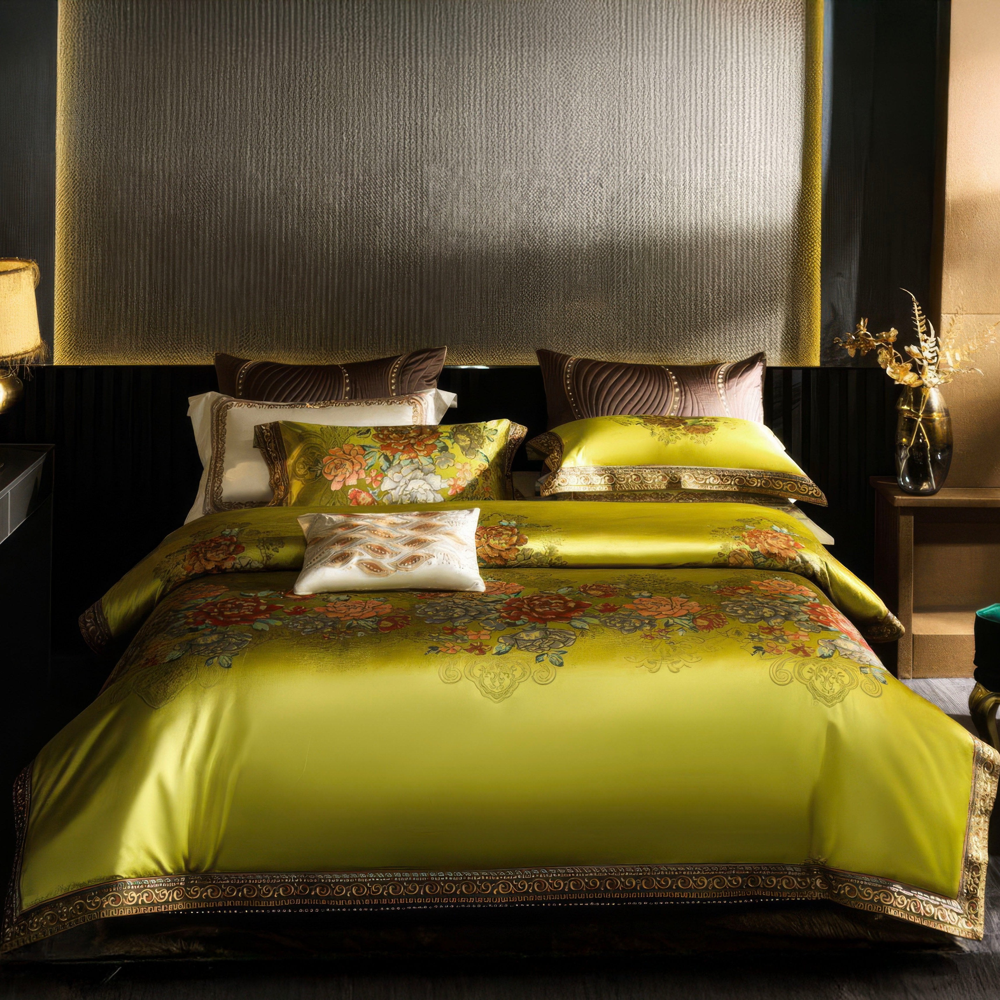 A sophisticated bedroom ensemble showcasing a luxurious lime green bedding set adorned with intricate floral patterns in warm tones. The bed is styled with complementing brown and cream pillows, accentuating the golden embroidery details. Ambient lighting and elegant décor elements create a warm, inviting atmosphere, enhanced by a black and gold-themed background.