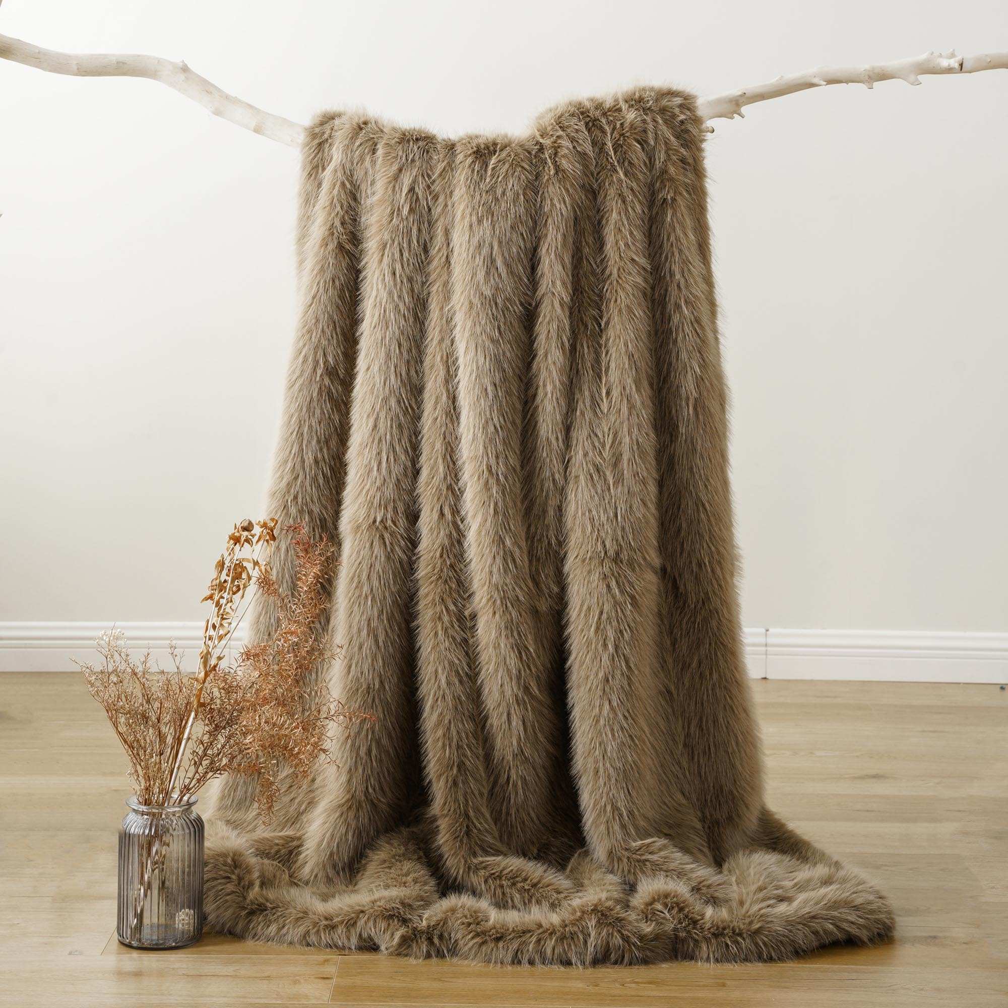 Khaki Faux-Fur Throw Blanket