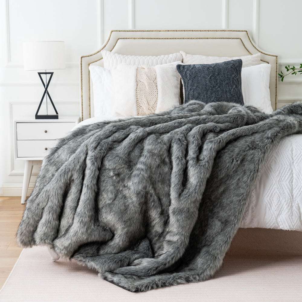 Grey Faux Fur Throw Blanket